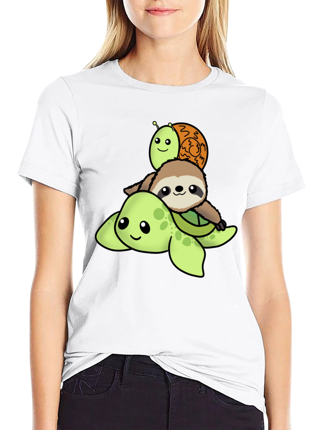 Black Turtle, Sloth, Snail Cartoon Stack T-Shirt view 9