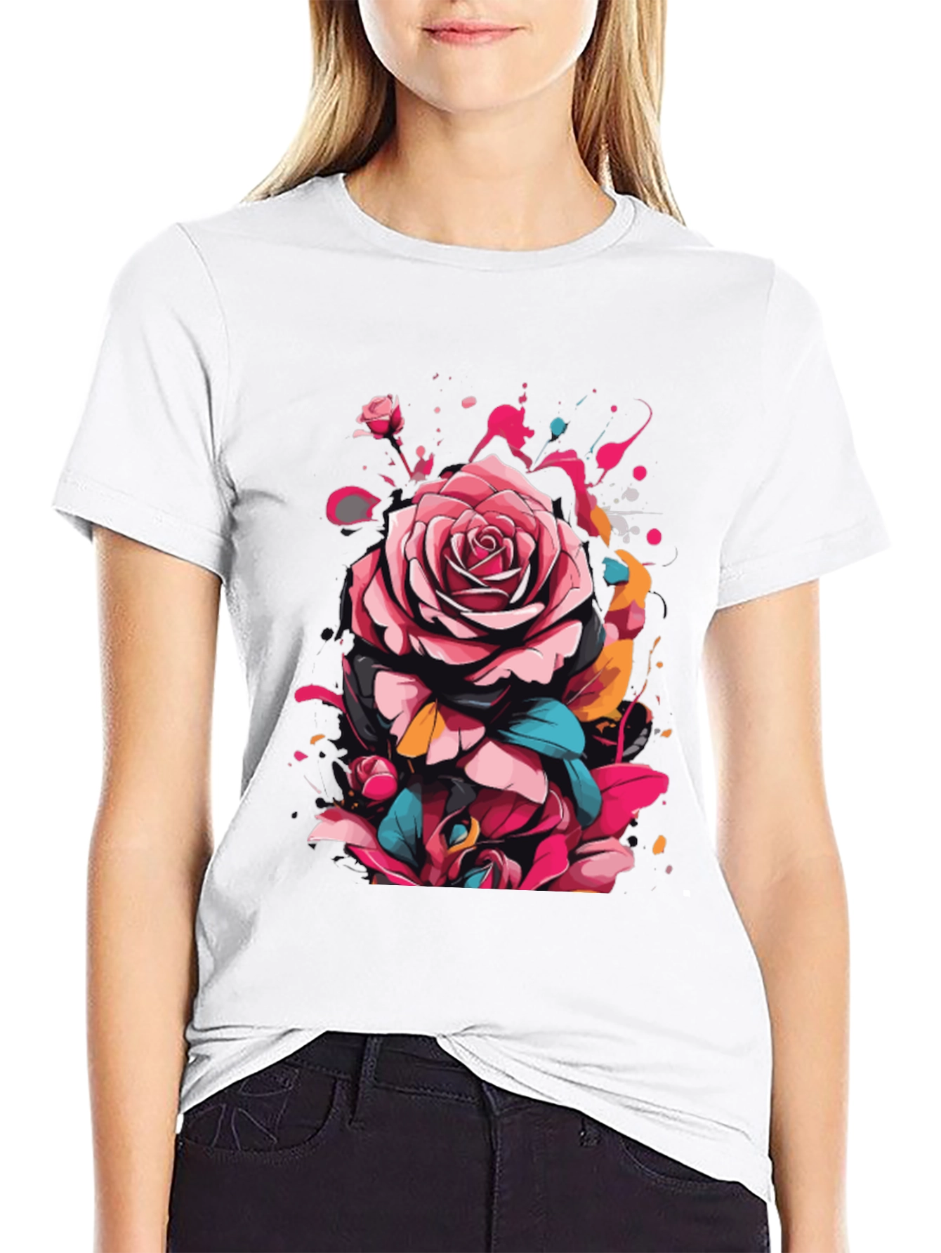 Black Floral Rose Graphic Tee - Abstract Art Shirt view 9
