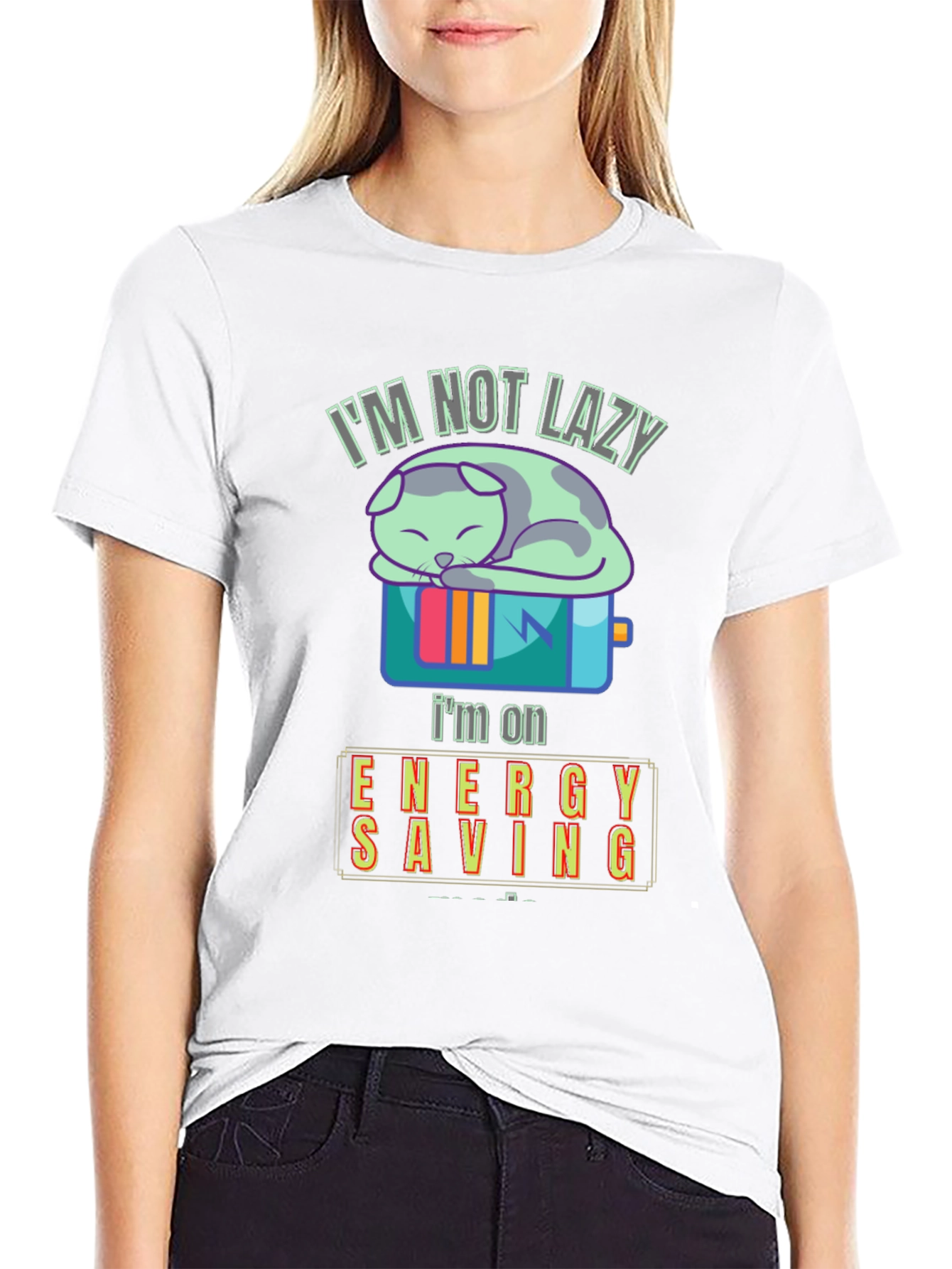 Black I'm Not Lazy, I'm on Energy Saving Funny Cat T-Shirt view 9