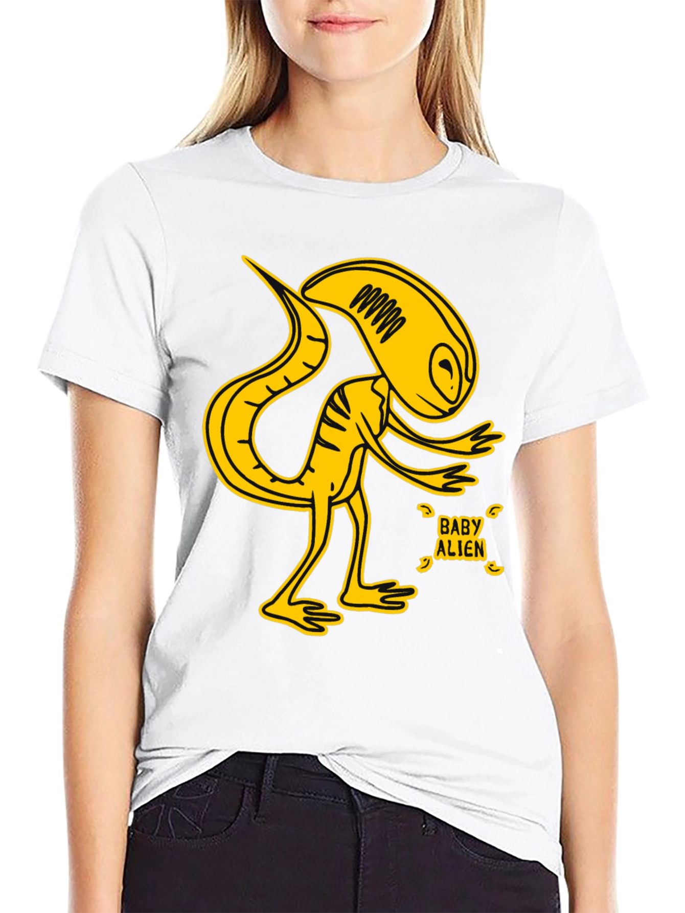 Black Baby Alien Graphic T-Shirt - Yellow Design view 9