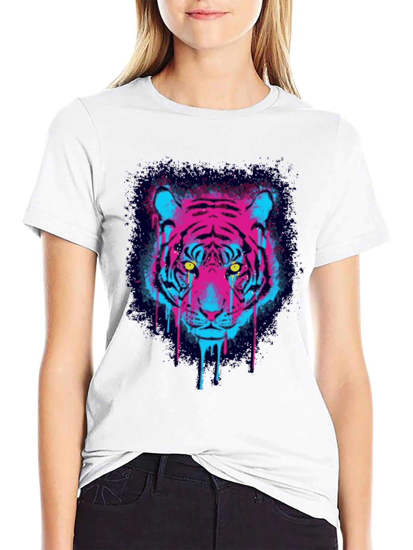 Black Neon Tiger Graphic Print T-Shirt view 9