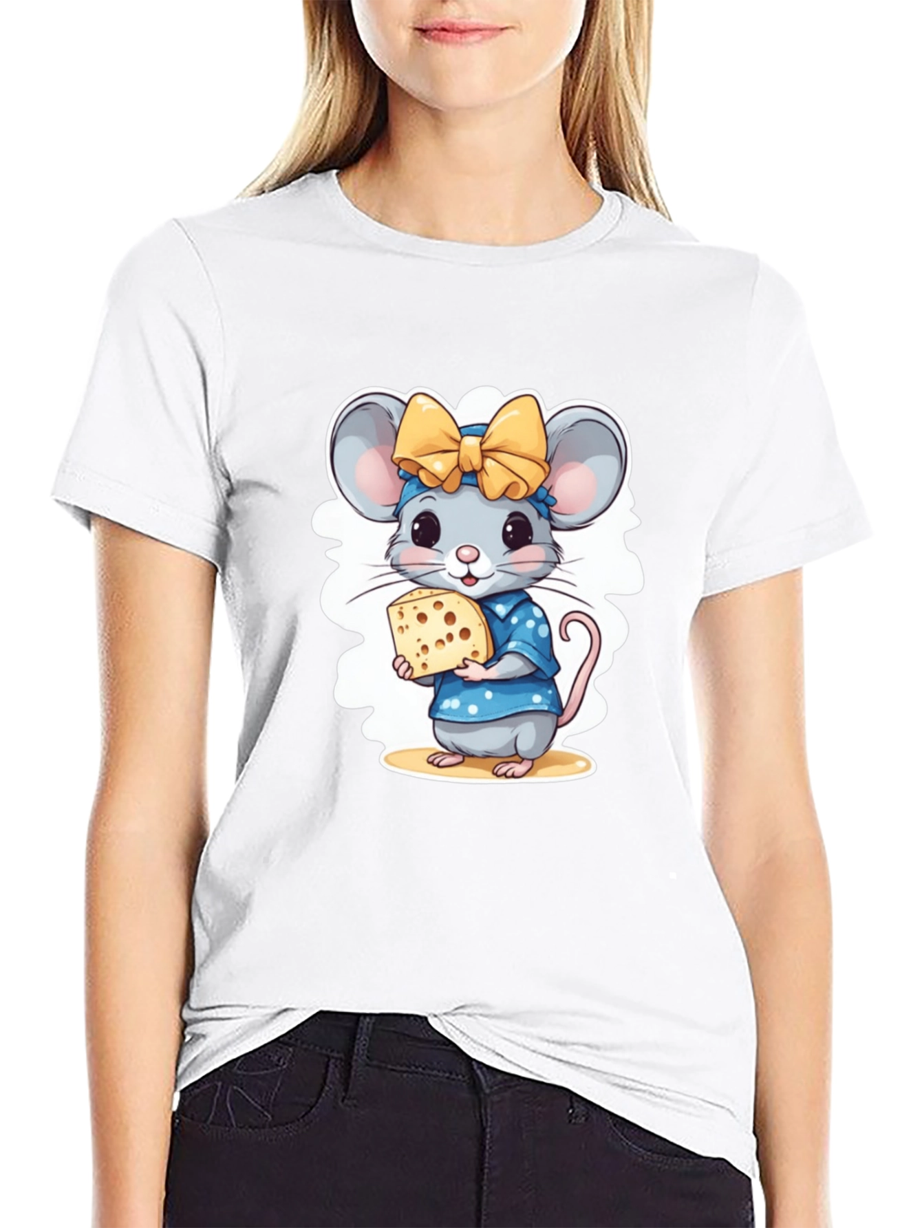 Black Cute Cartoon Mouse Cheese Lover T-Shirt view 9