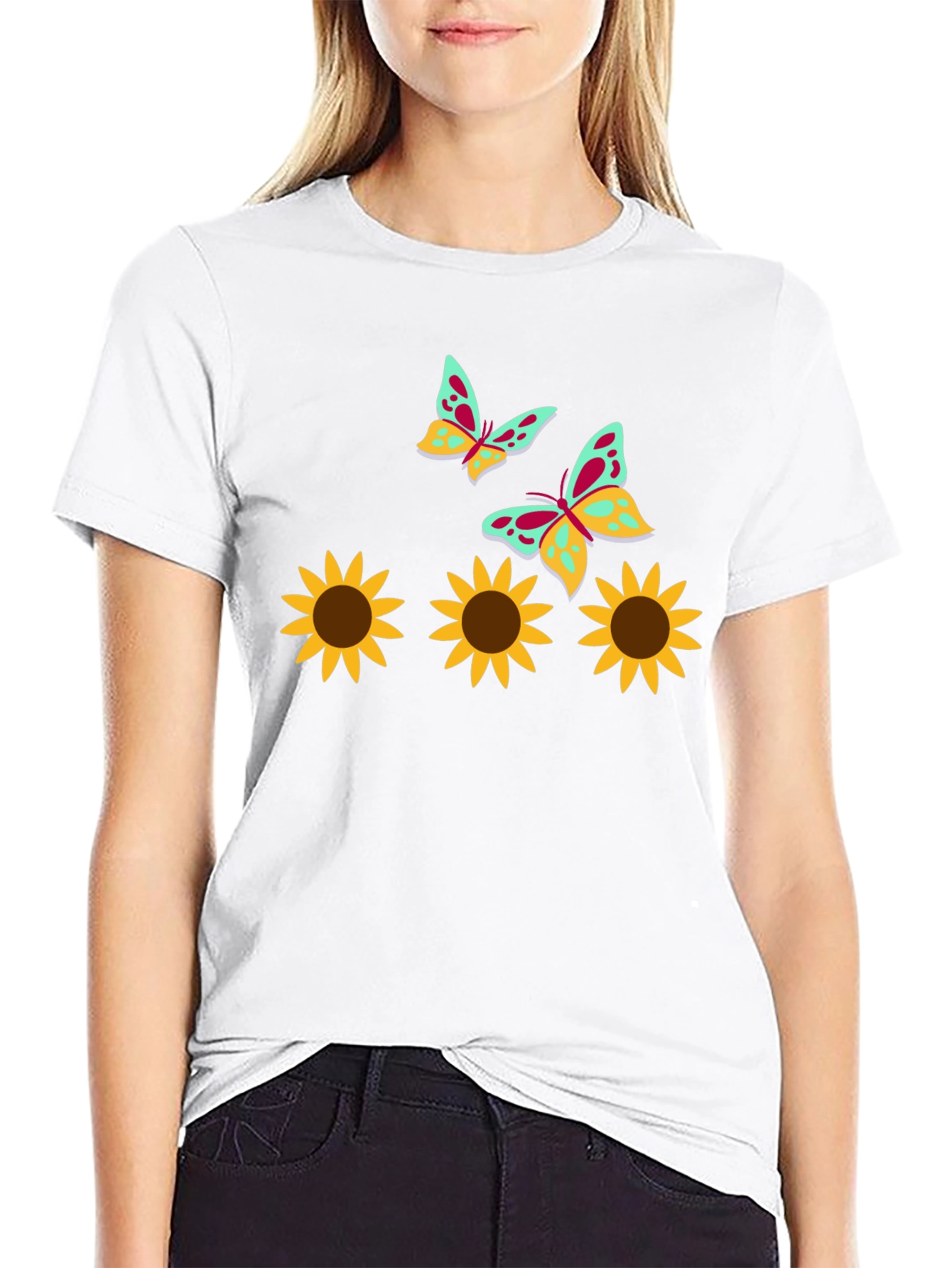 Black Sunflower and Butterfly Graphic Tee view 9