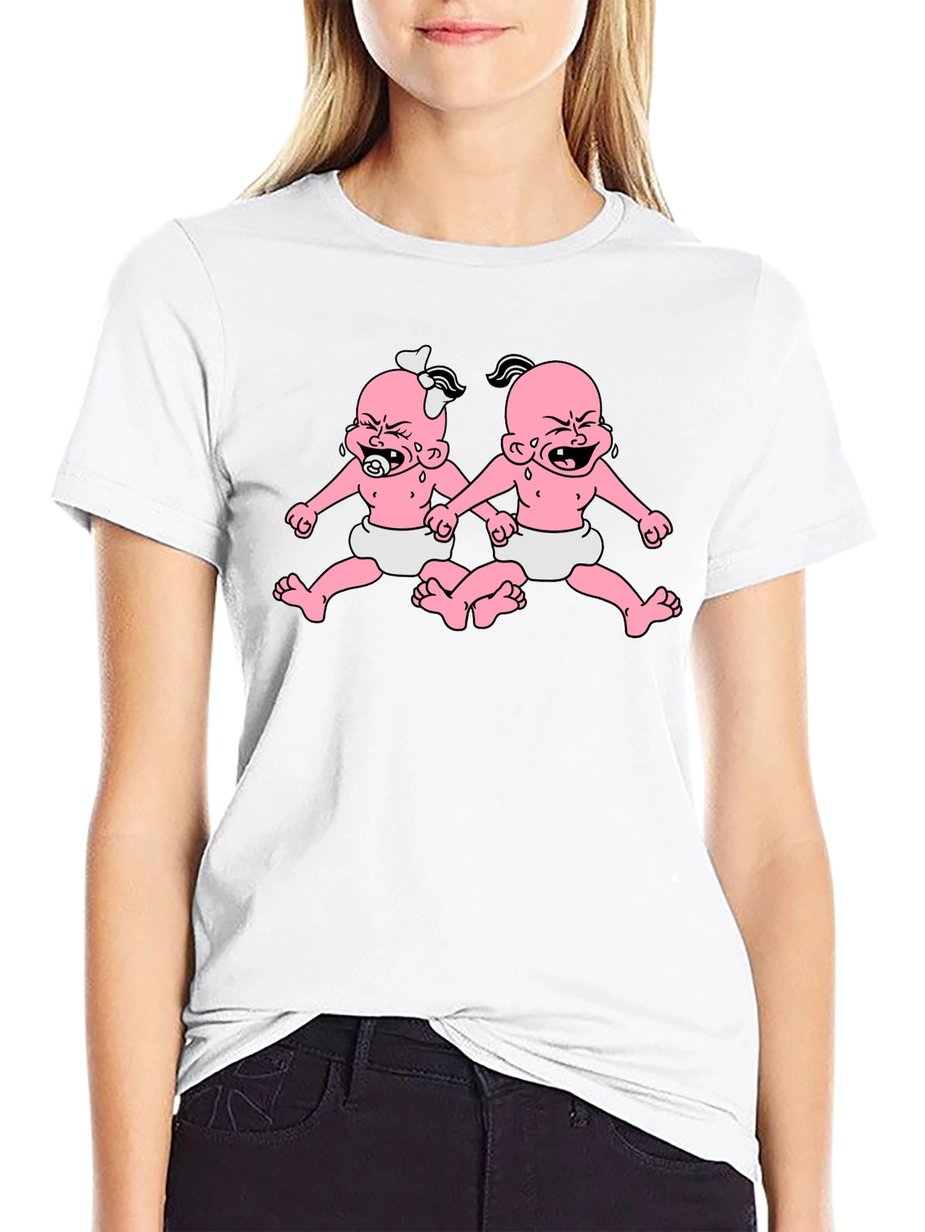 Black Funny Twin Babies Graphic Tee - Black view 9
