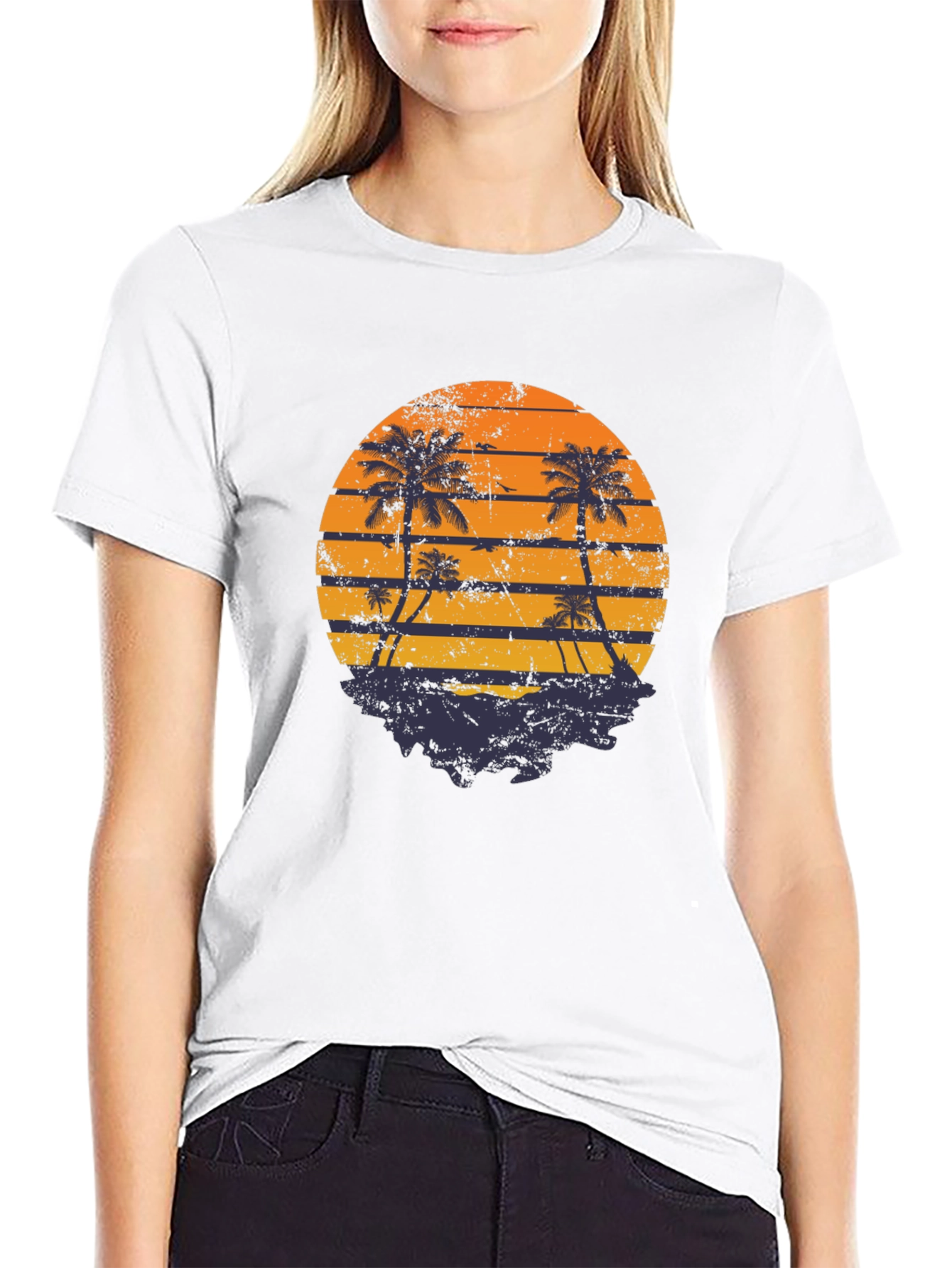 Black Retro Sunset Palm Tree Graphic T-Shirt view 9