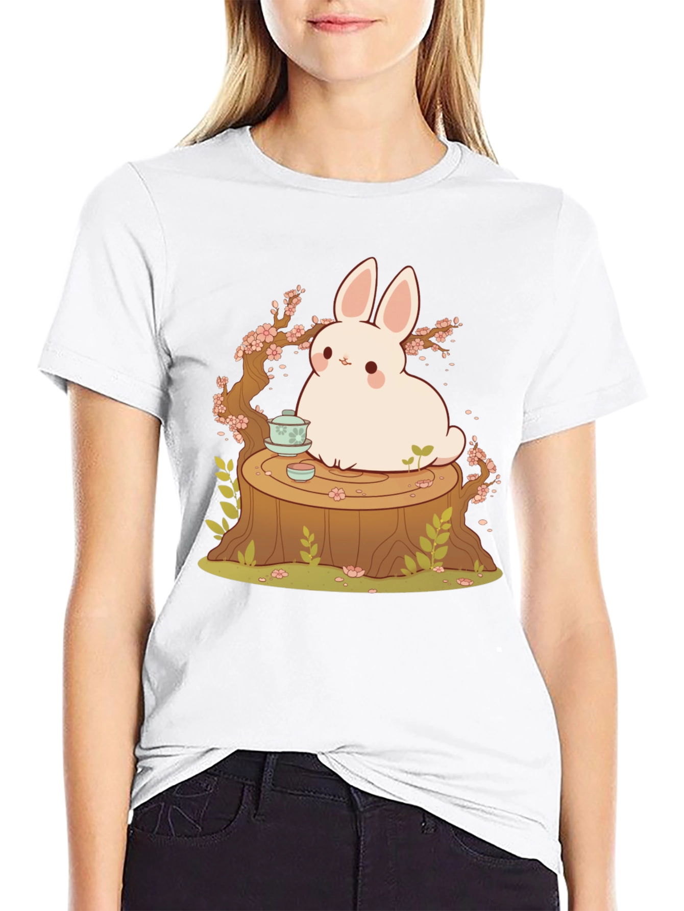 Black Cute Bunny and Tea Tree Stump Black T-Shirt view 9