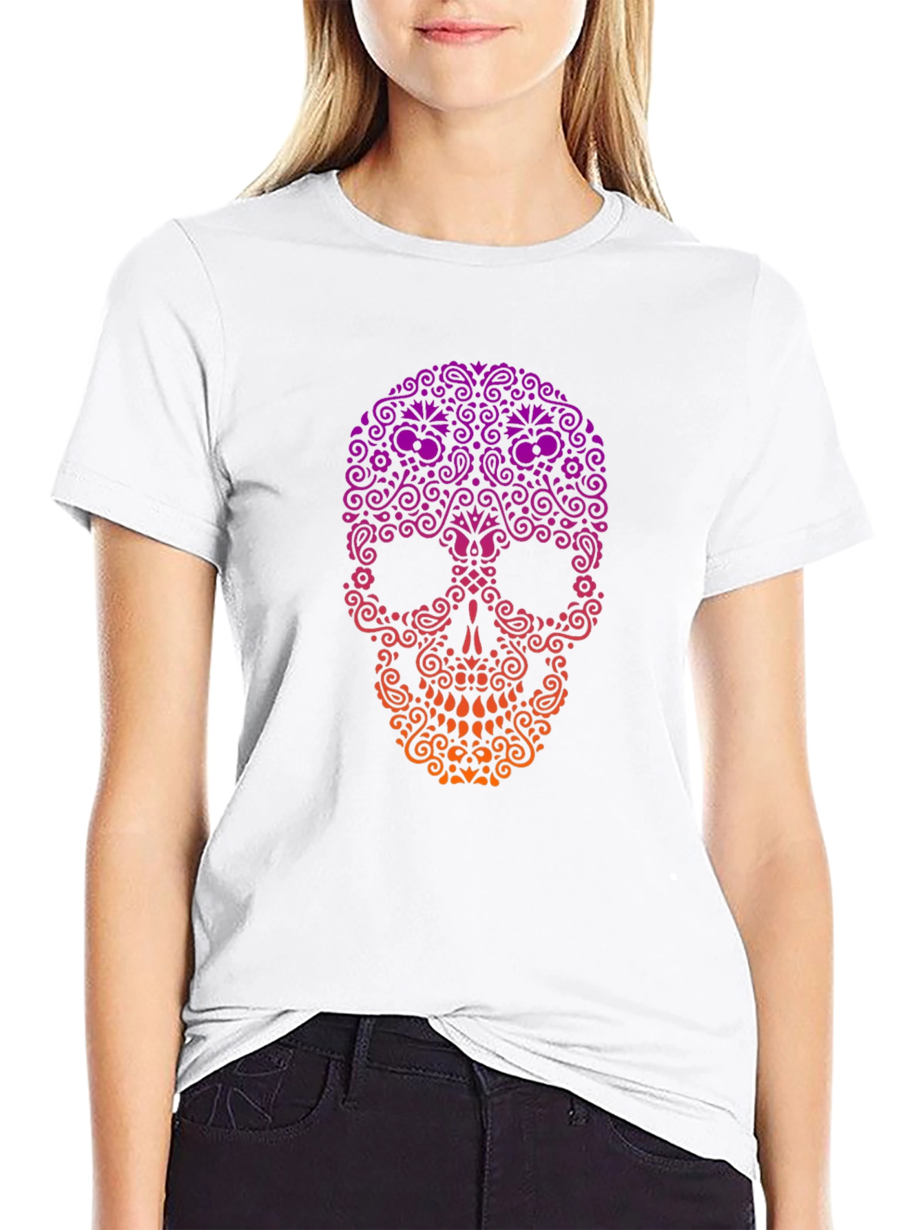 Black Ornamental Skull Graphic Tee - Black Cotton T-Shirt view 9