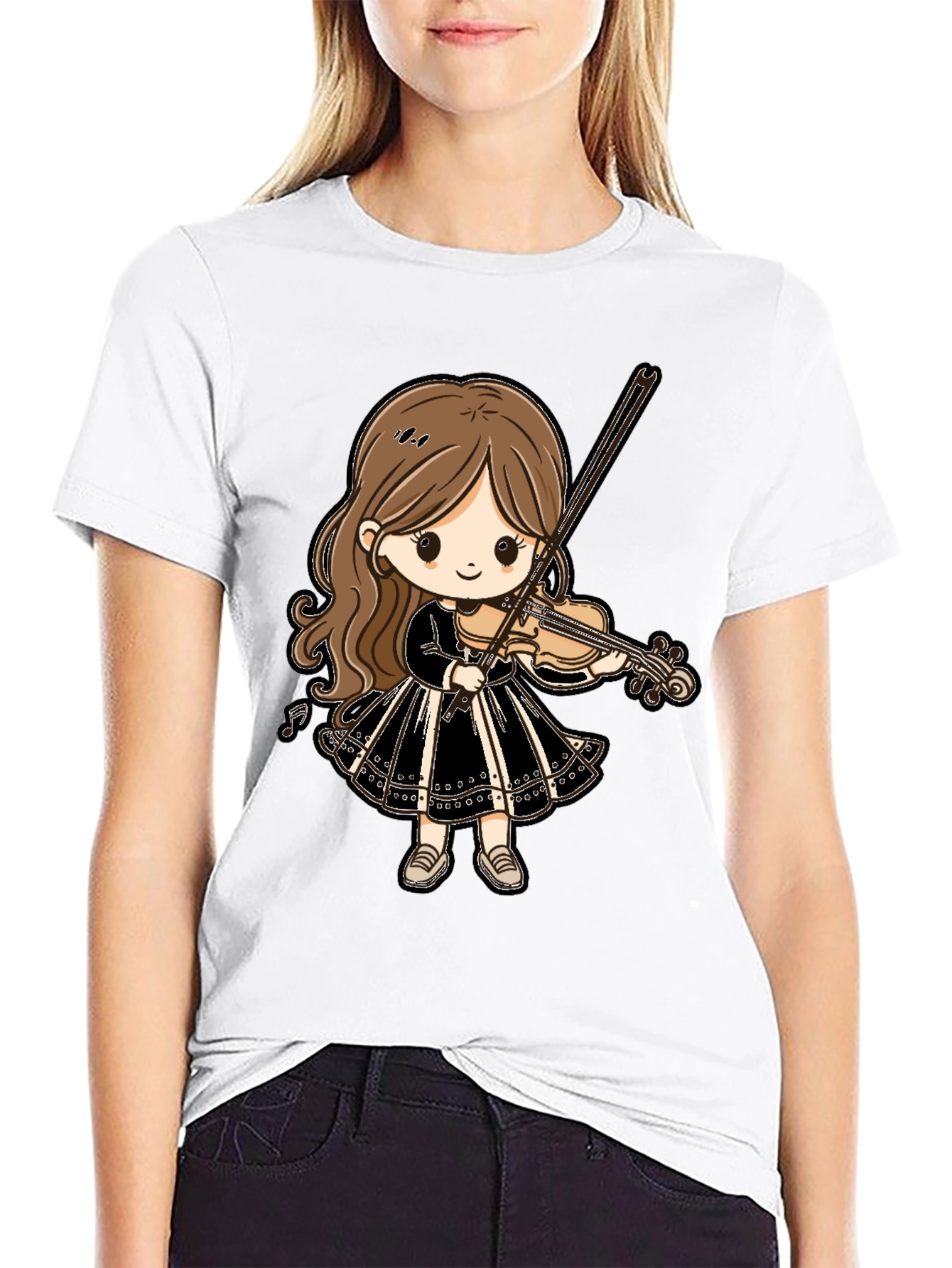 Black Cute Violin Girl Graphic Tee - Black Cotton T-Shirt view 9