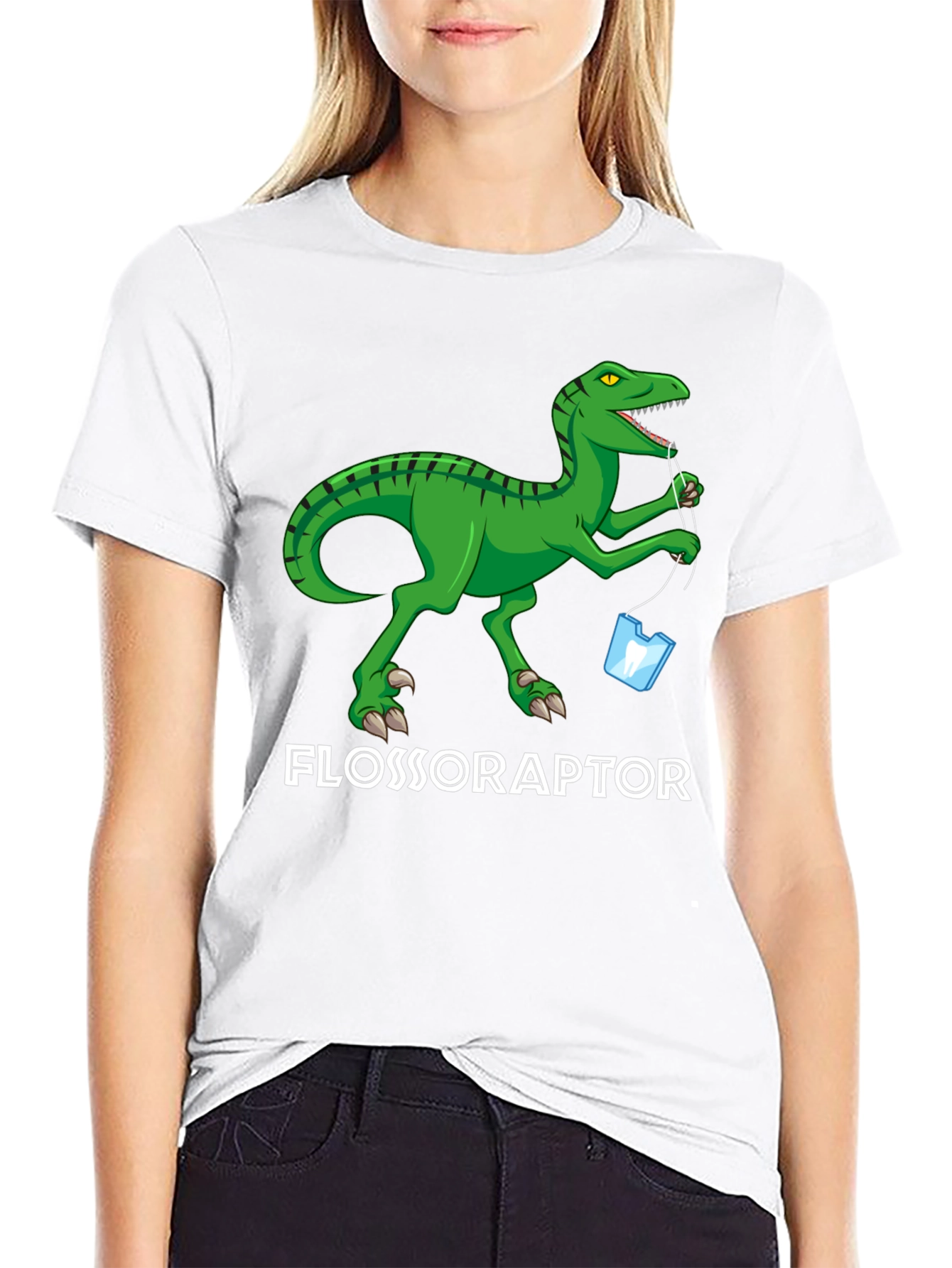 Black Flossoraptor T-Shirt - Dental Hygiene Dinosaur Tee view 9