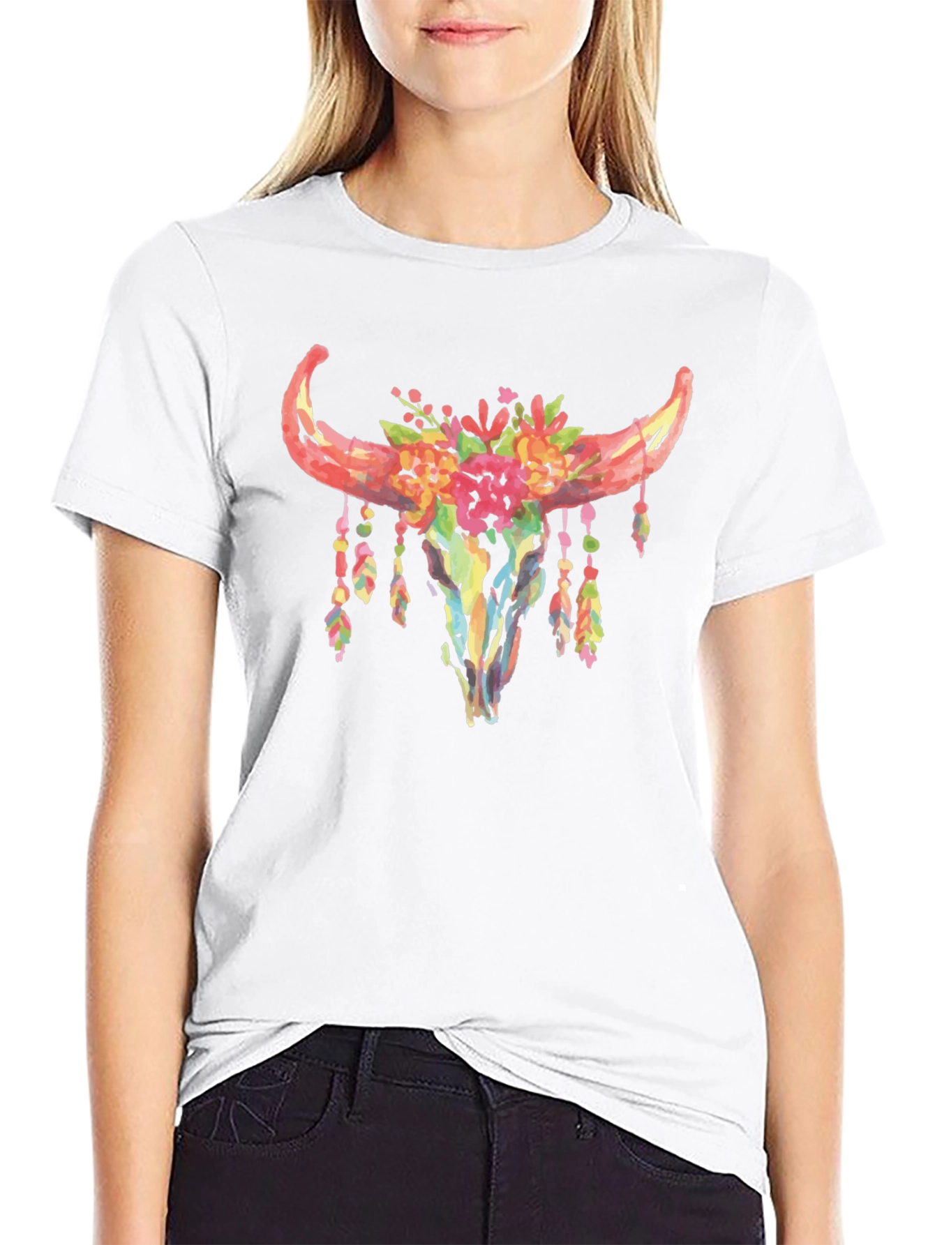 Black Floral Bull Skull Graphic T-Shirt view 9