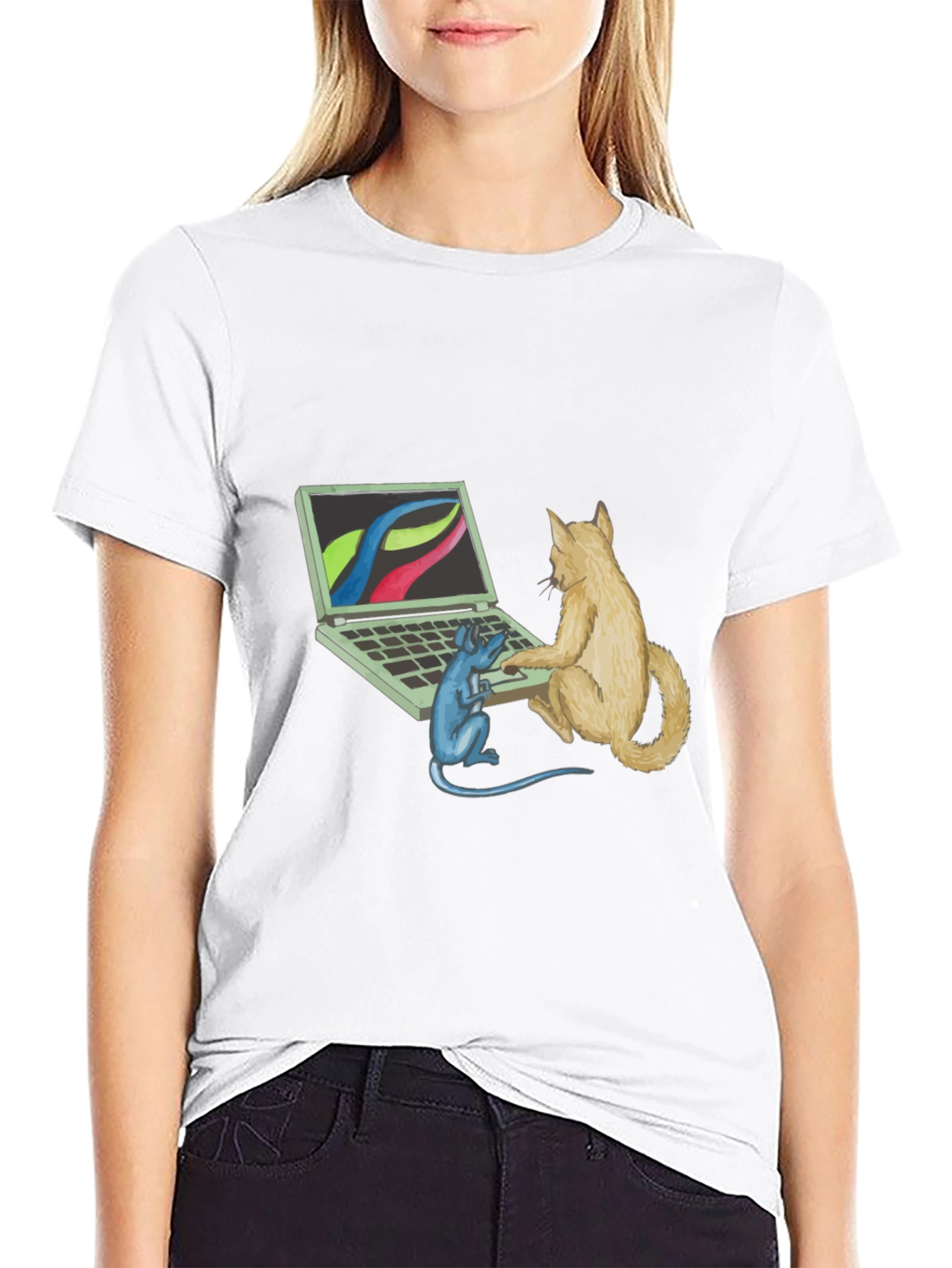 Black Cat & Mouse Computer Black T-Shirt view 9