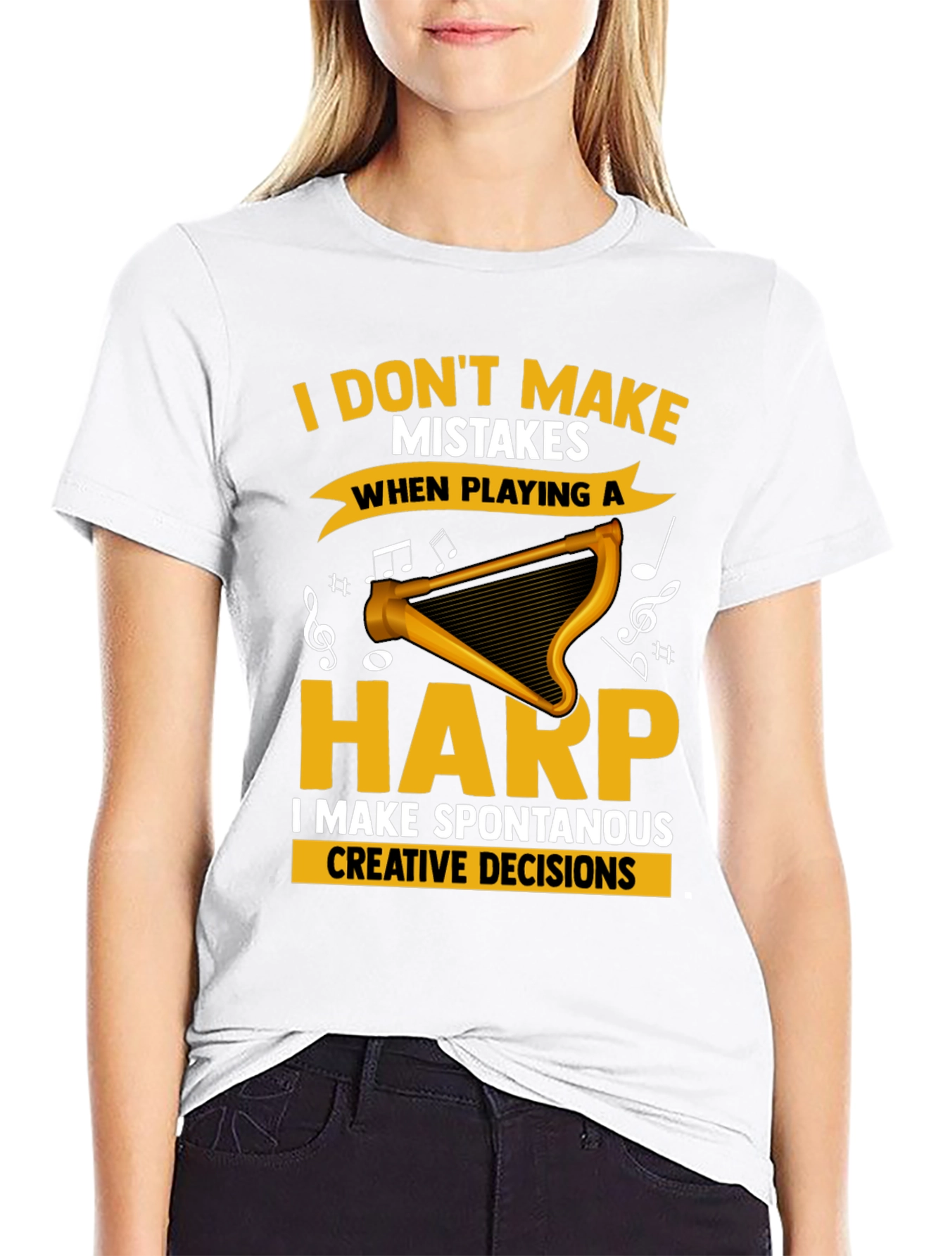 Black Funny Harp Player T-Shirt - No Mistakes, Creative Decisions view 9