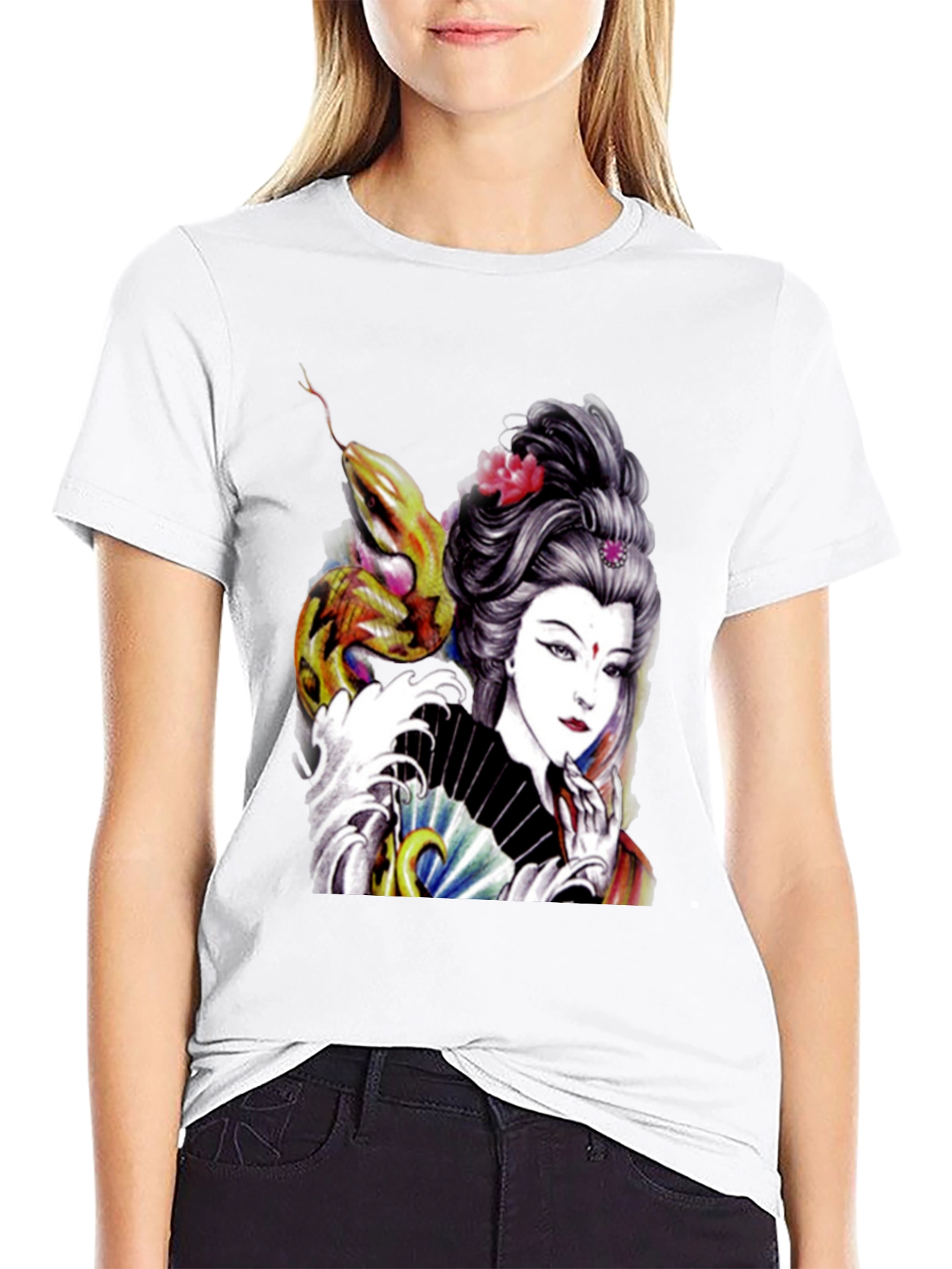 Black Geisha Snake Graphic Print Black T-Shirt view 9