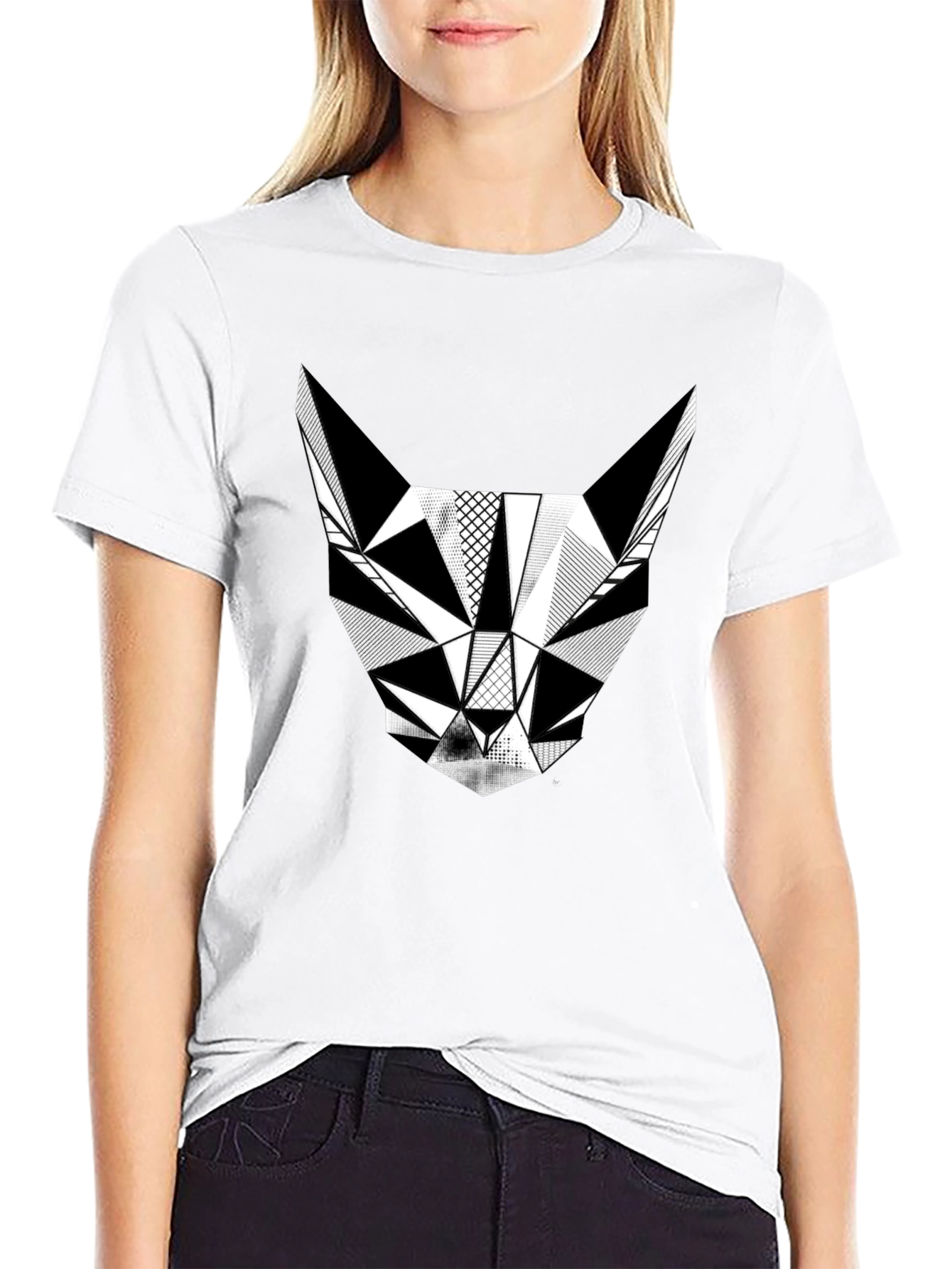 Black Geometric Cat T-Shirt - Modern Graphic Tee view 9