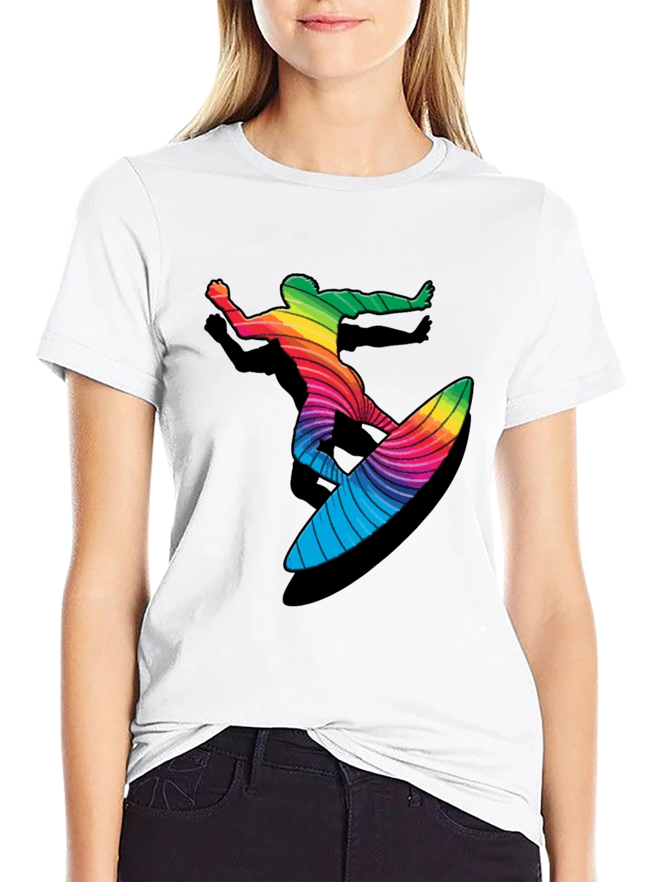 Black Rainbow Surfer Graphic Tee - Black Cotton T-Shirt view 9