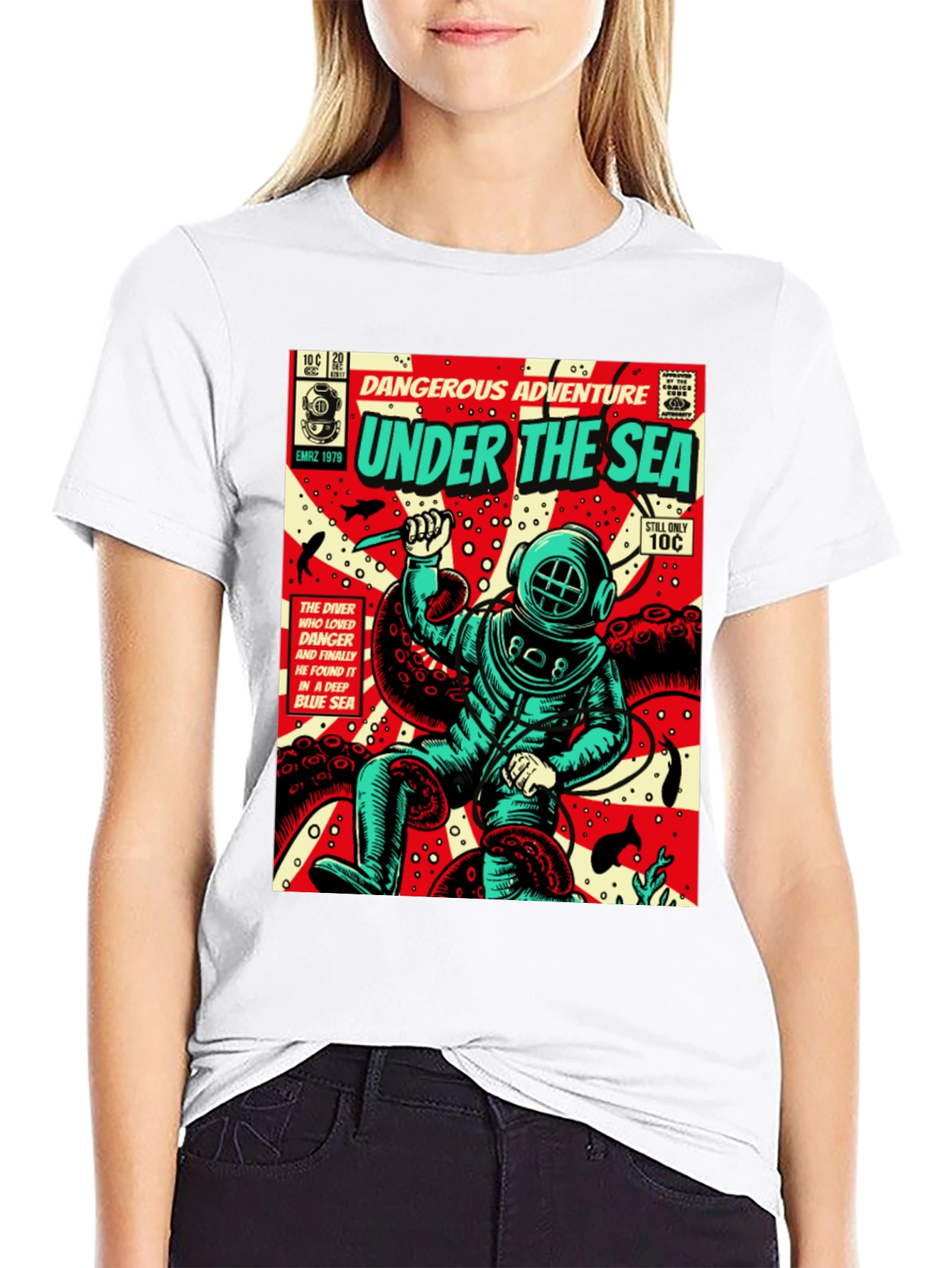 Black Under the Sea Comic Diver T-Shirt view 9