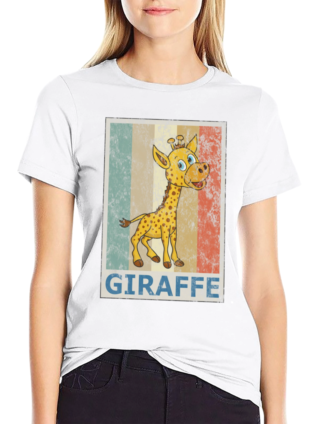 Black Giraffe Cartoon Print Black T-Shirt view 9