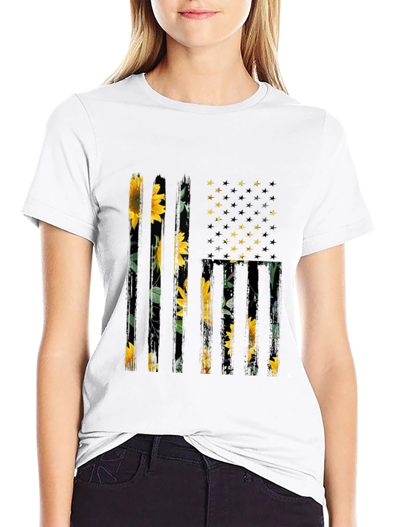 Black Sunflower American Flag Graphic Tee view 9
