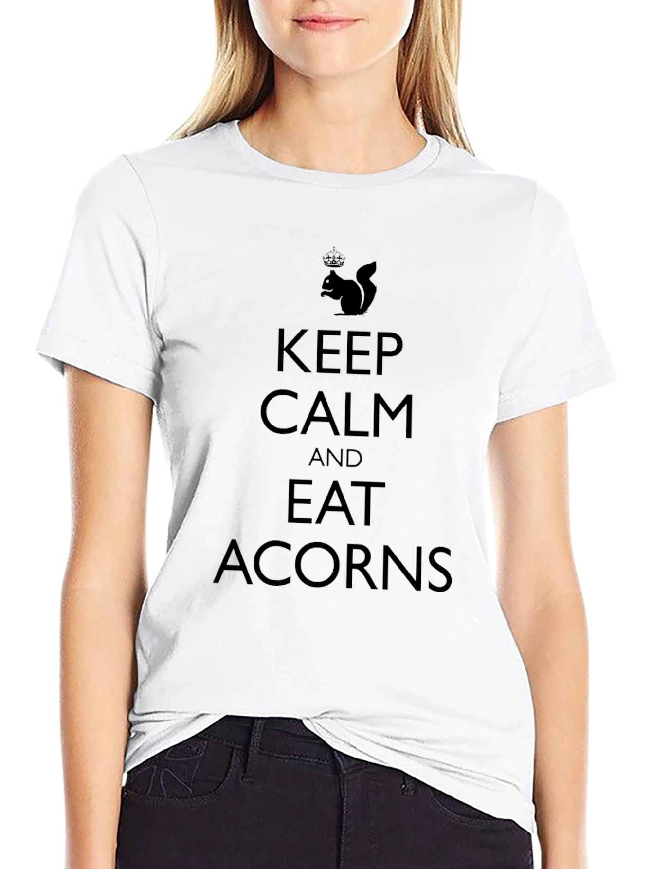 Black Keep Calm and Eat Acorns Graphic Tee - Black Cotton T-Shirt view 9