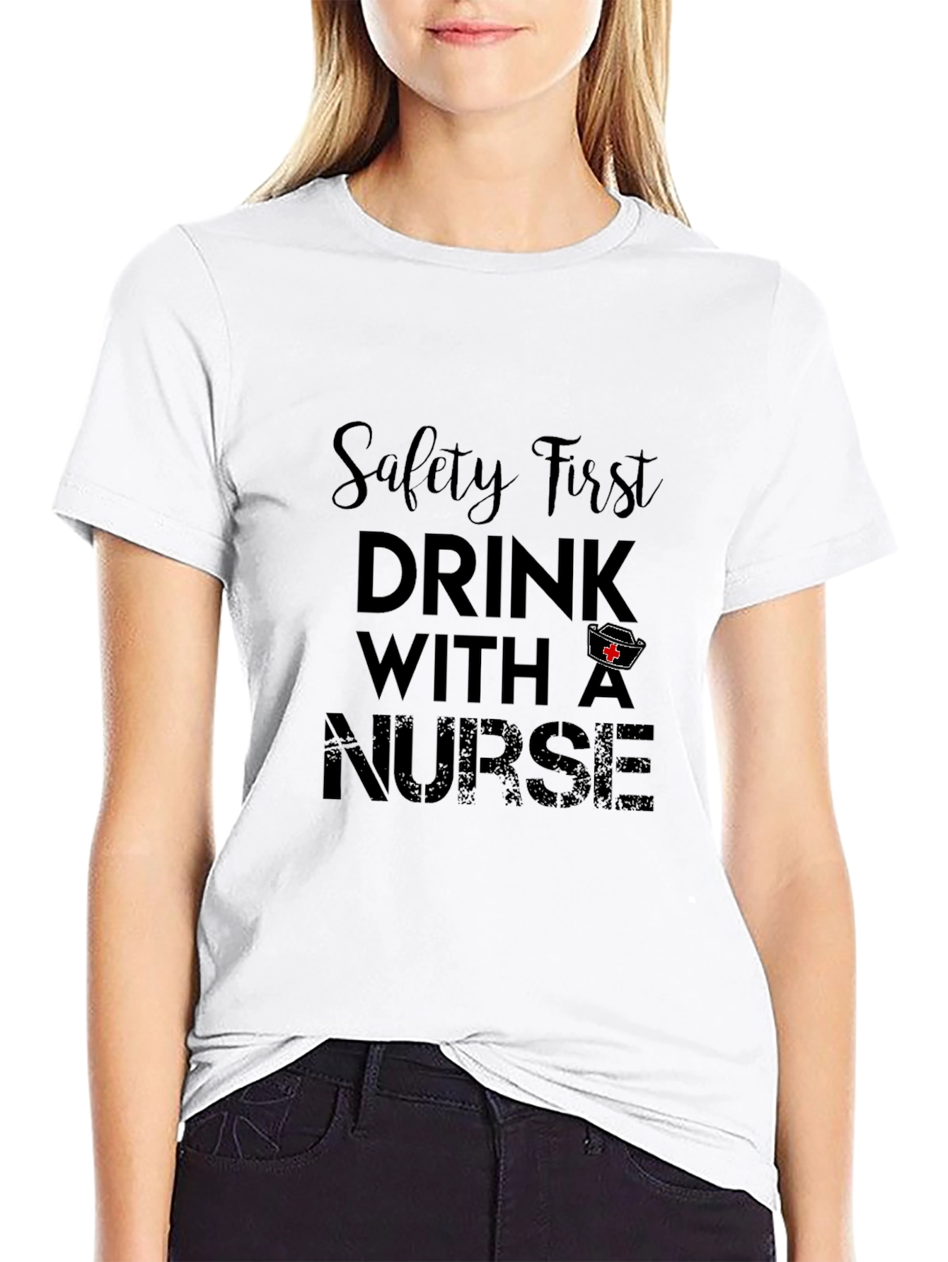 Black Safety First Drink With A Nurse Black Tee view 9