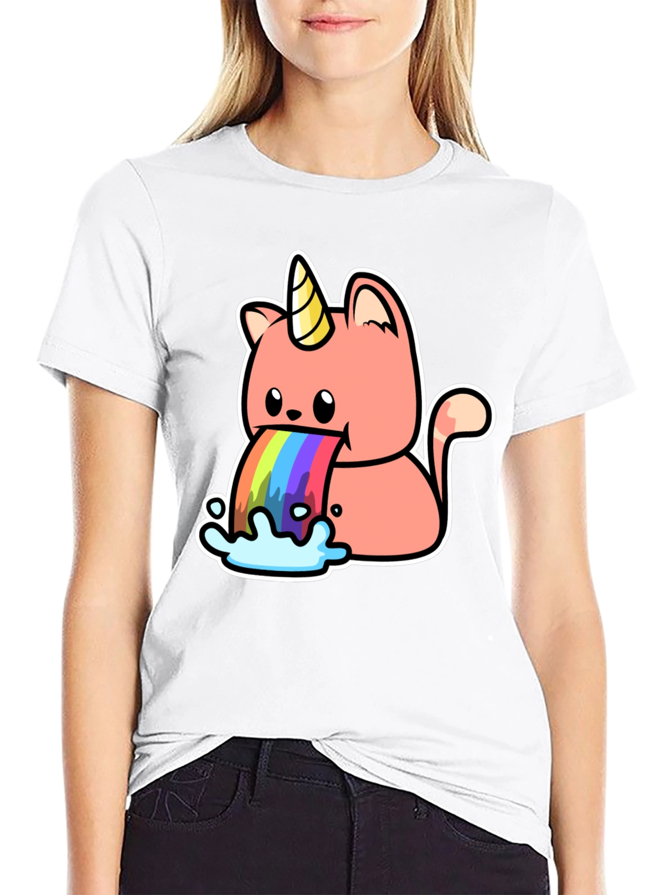 Black Unicorn Cat Rainbow Puke T-Shirt view 9