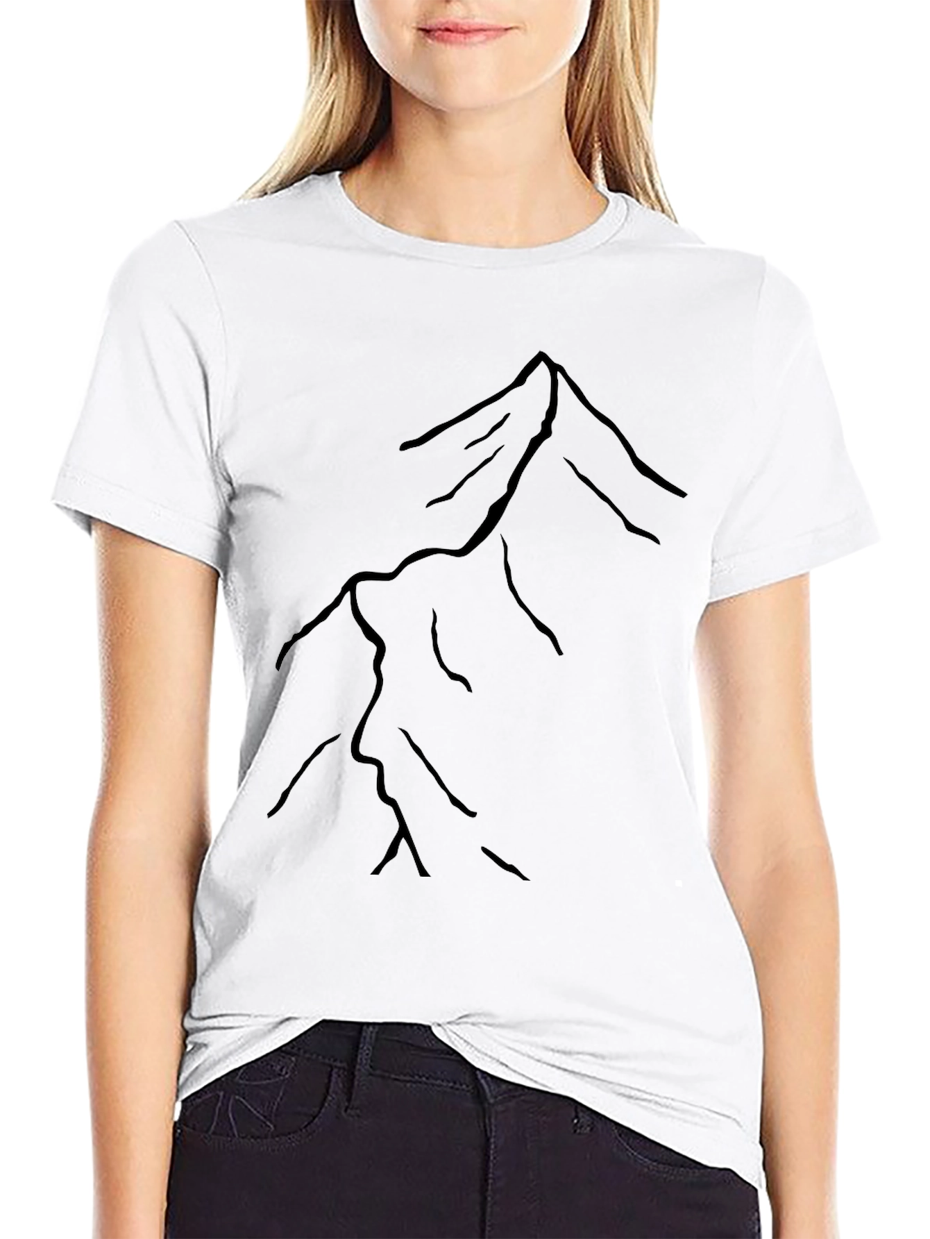 Black Mountain Line Art Graphic Tee - Black Cotton Casual T-Shirt view 9