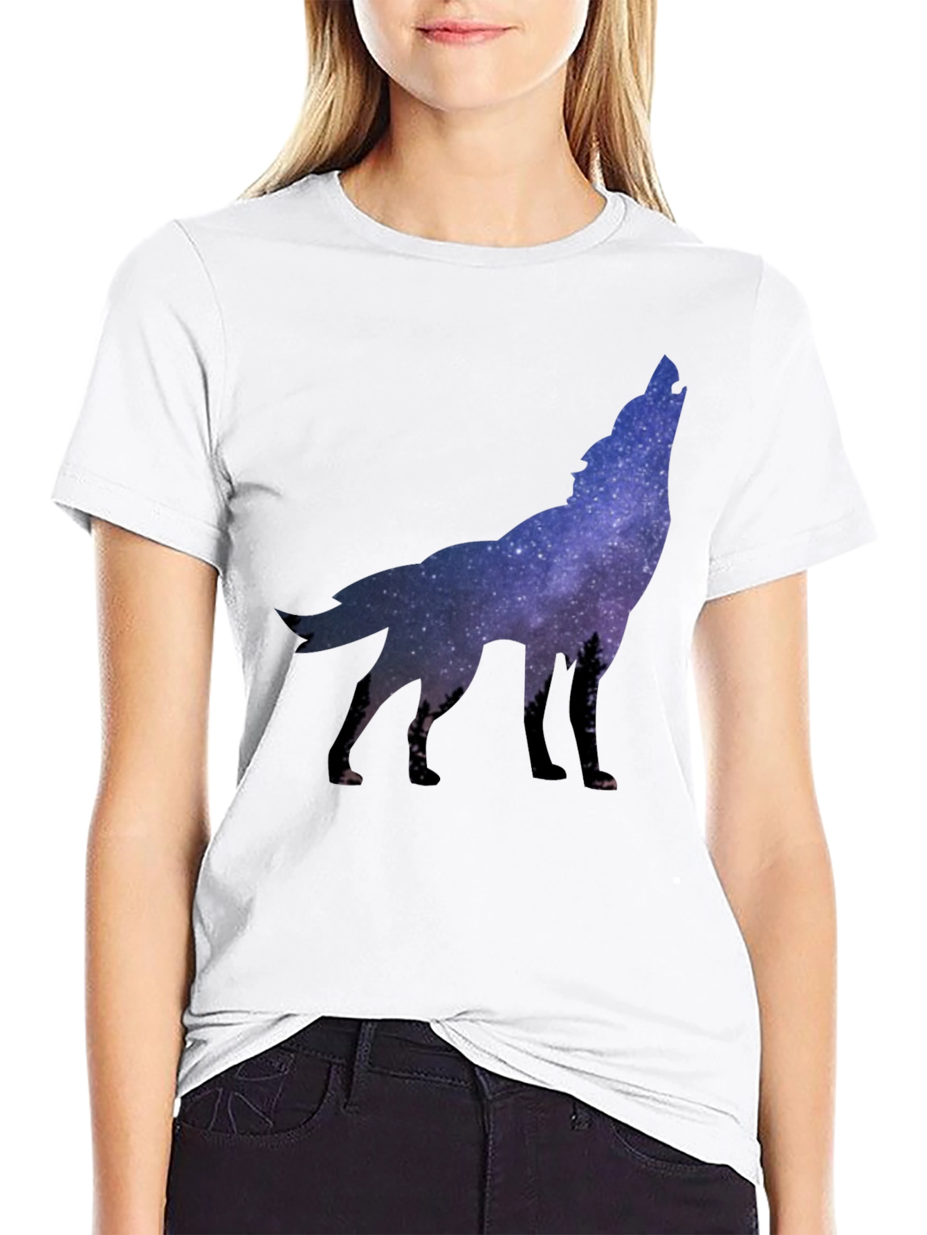 Black Galaxy Wolf Graphic Tee - Black Crew Neck T-Shirt view 9