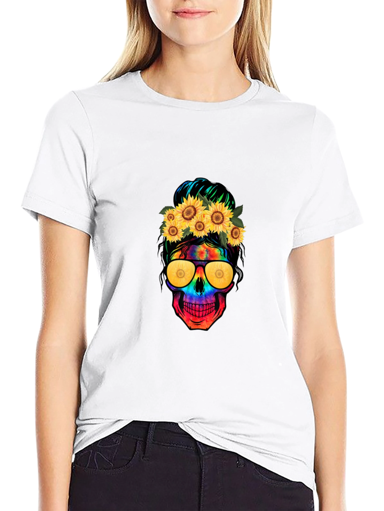 Skull with Sunflowers Graphic Tee - 9