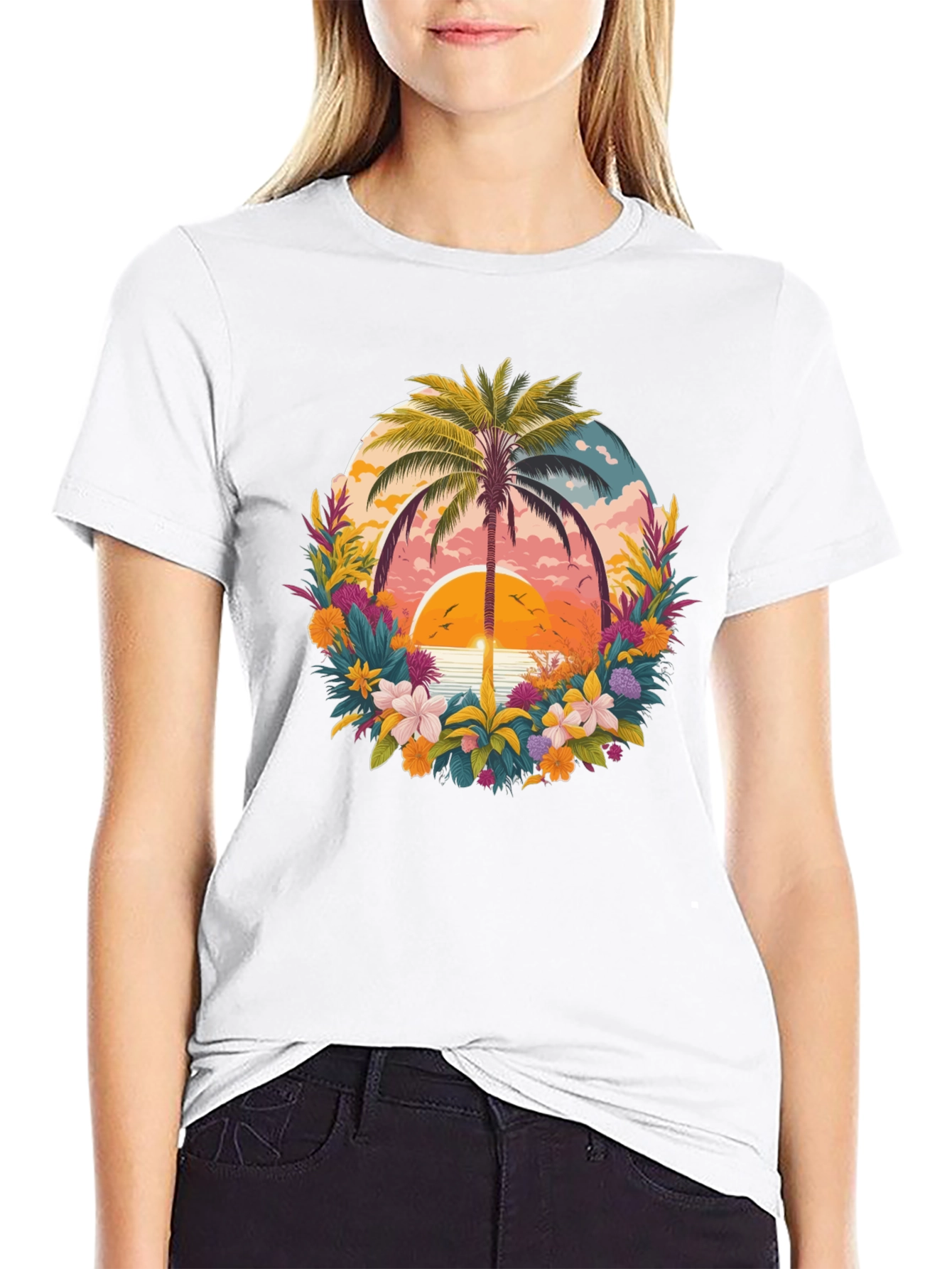 Black Tropical Sunset Palm Tree Graphic T-Shirt view 9