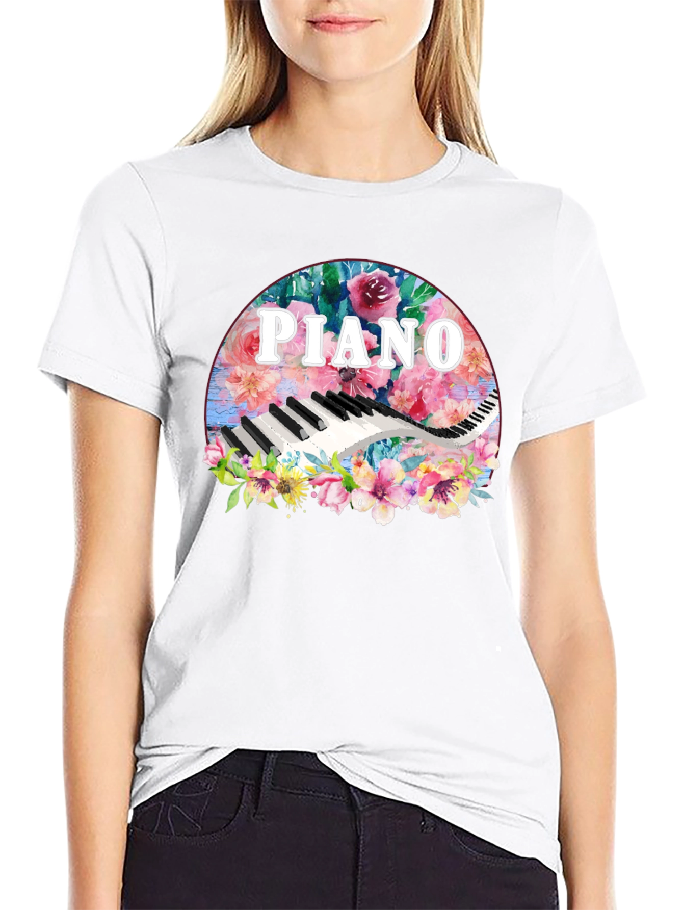 Black Floral Piano T-Shirt - Music Lover Tee view 9