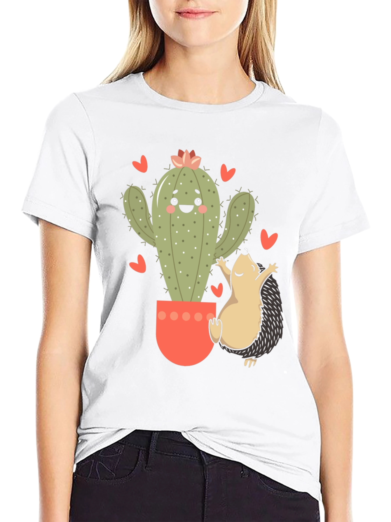 Black Cute Cactus & Hedgehog Graphic Tee view 9
