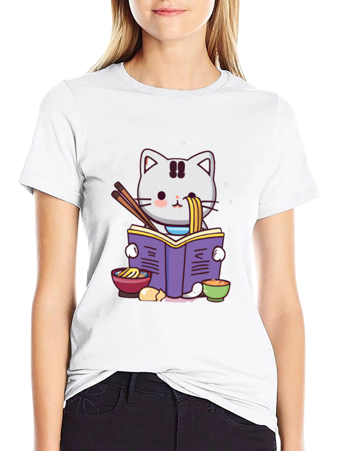 Black Ramen Cat Reading T-Shirt view 9