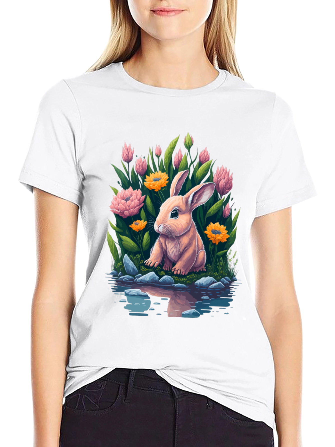 Black Bunny & Blooms Graphic Tee - Men's Black T-Shirt view 9