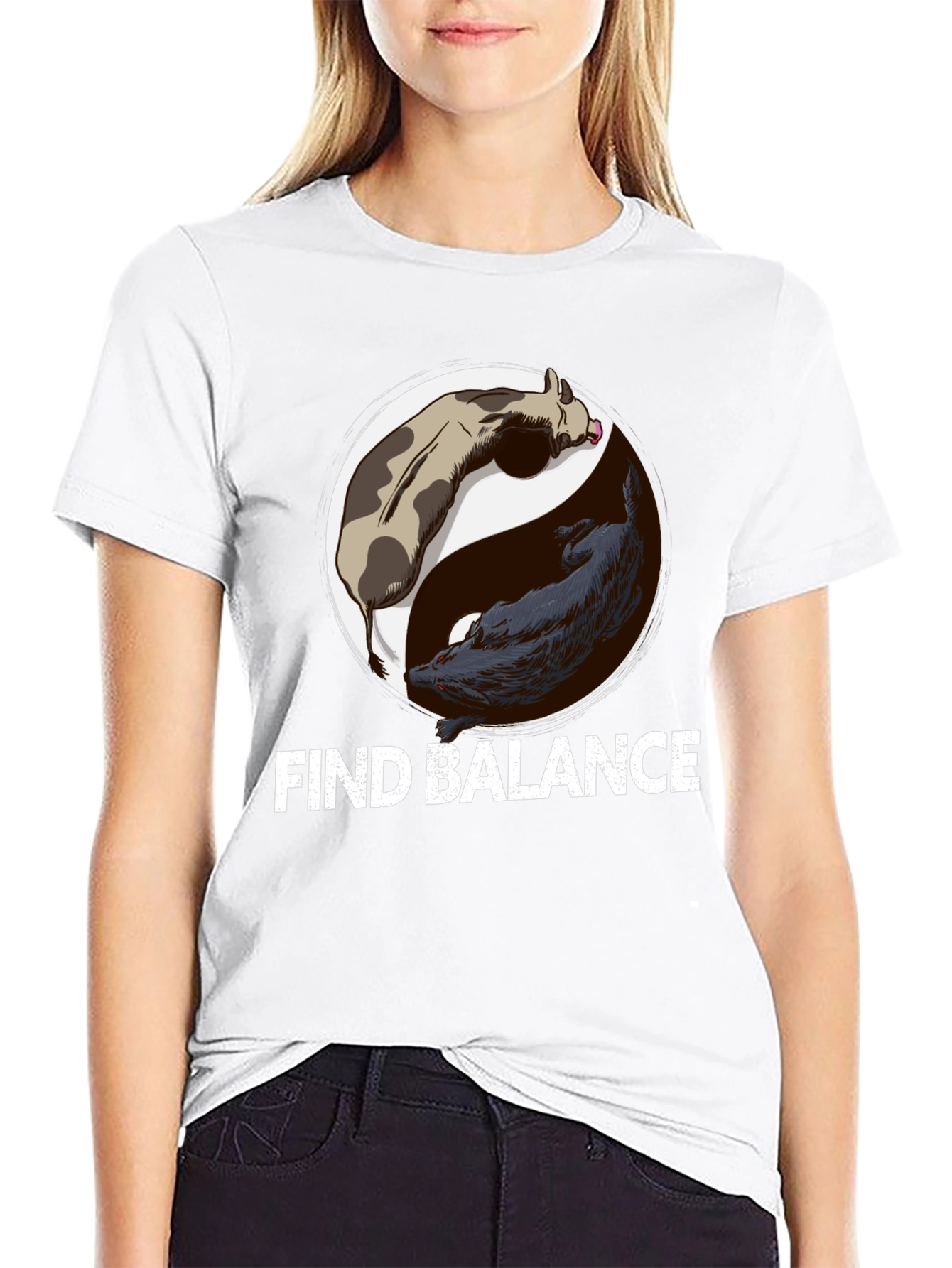 Black Find Balance Yin Yang Cow Wolf Graphic T-Shirt view 9