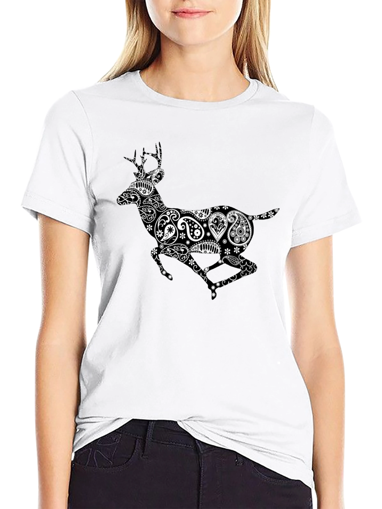 Black Paisley Deer Graphic Print T-Shirt view 9