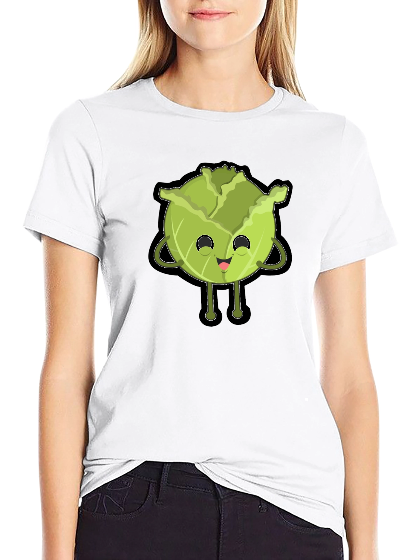 Black Cute Cabbage Character Graphic Tee - Black Cotton T-Shirt view 9