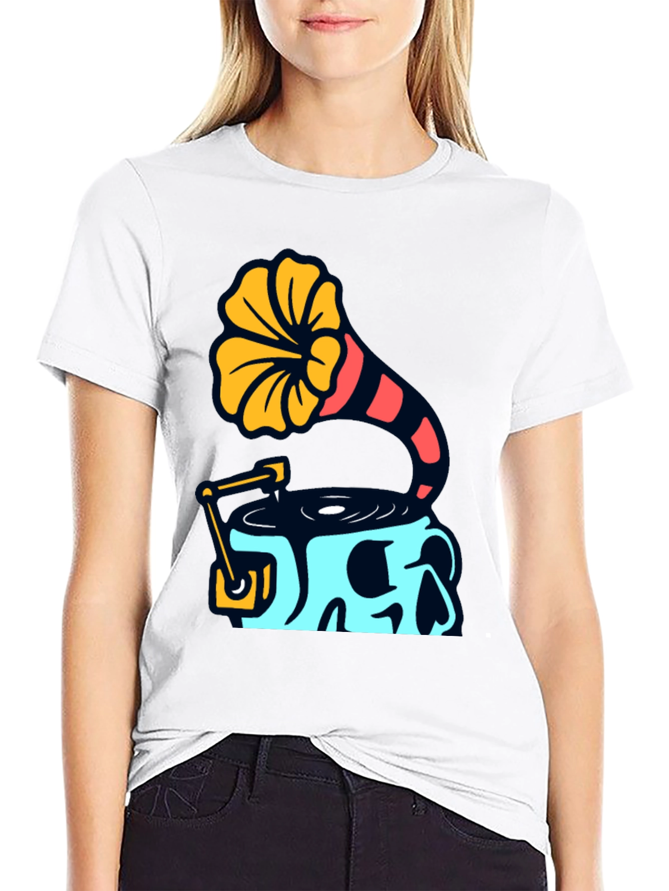 Black Skull Phonograph Graphic Tee - Retro Music Style view 9