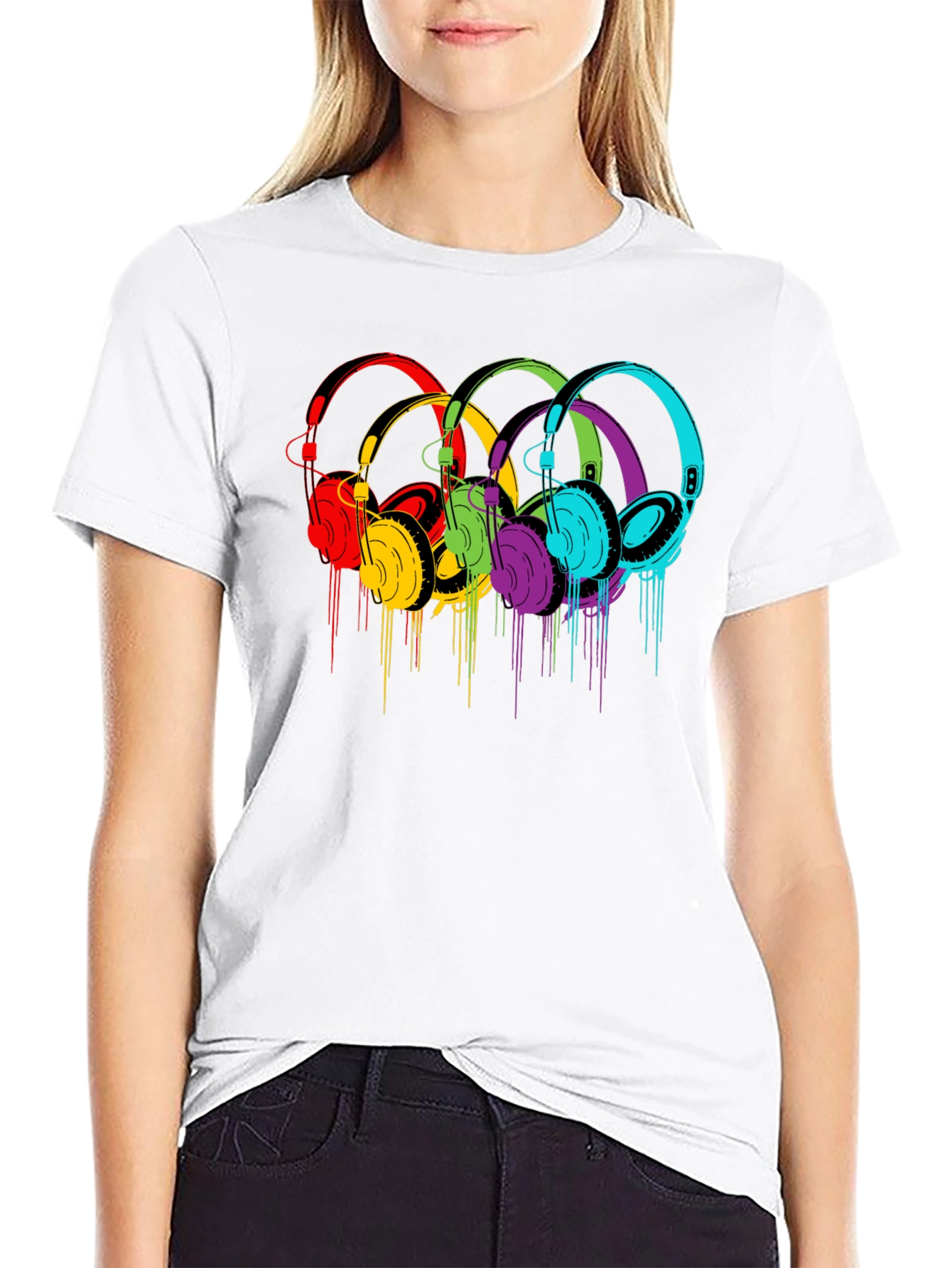 Black Colorful Headphones Graphic Black T-Shirt view 9