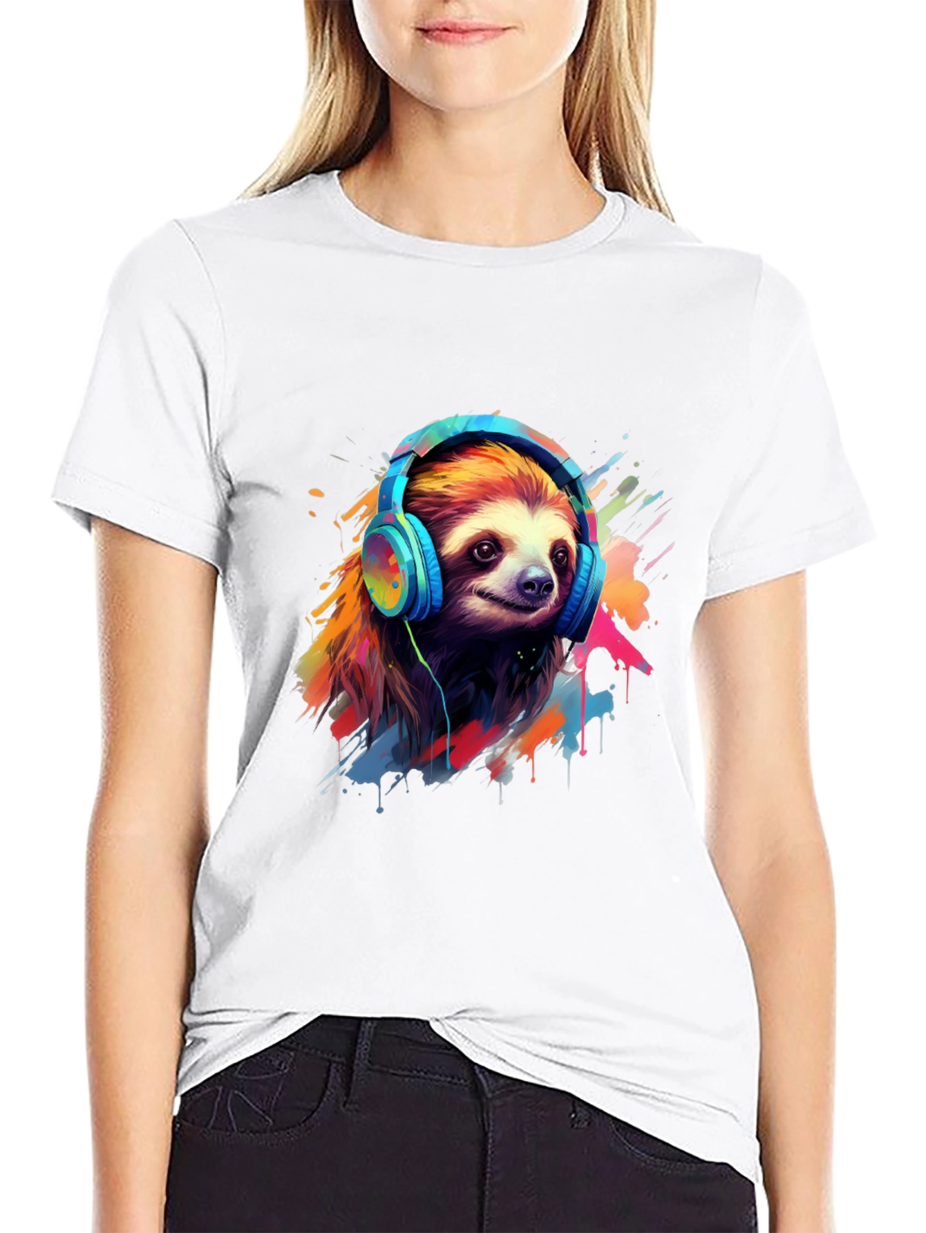 Black Sloth in Headphones Graphic Tee view 9