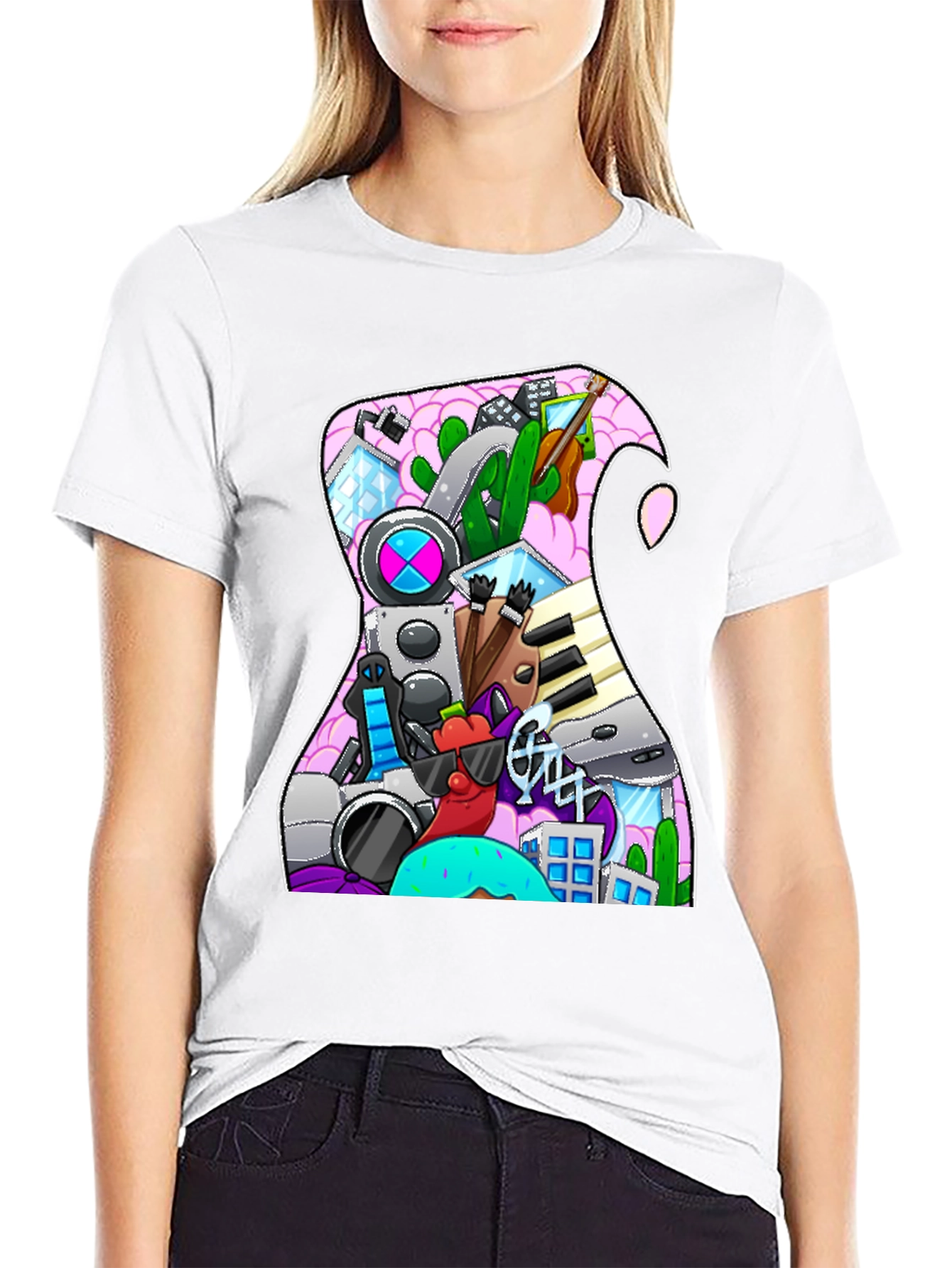 Black Doodle Guitar T-Shirt view 9