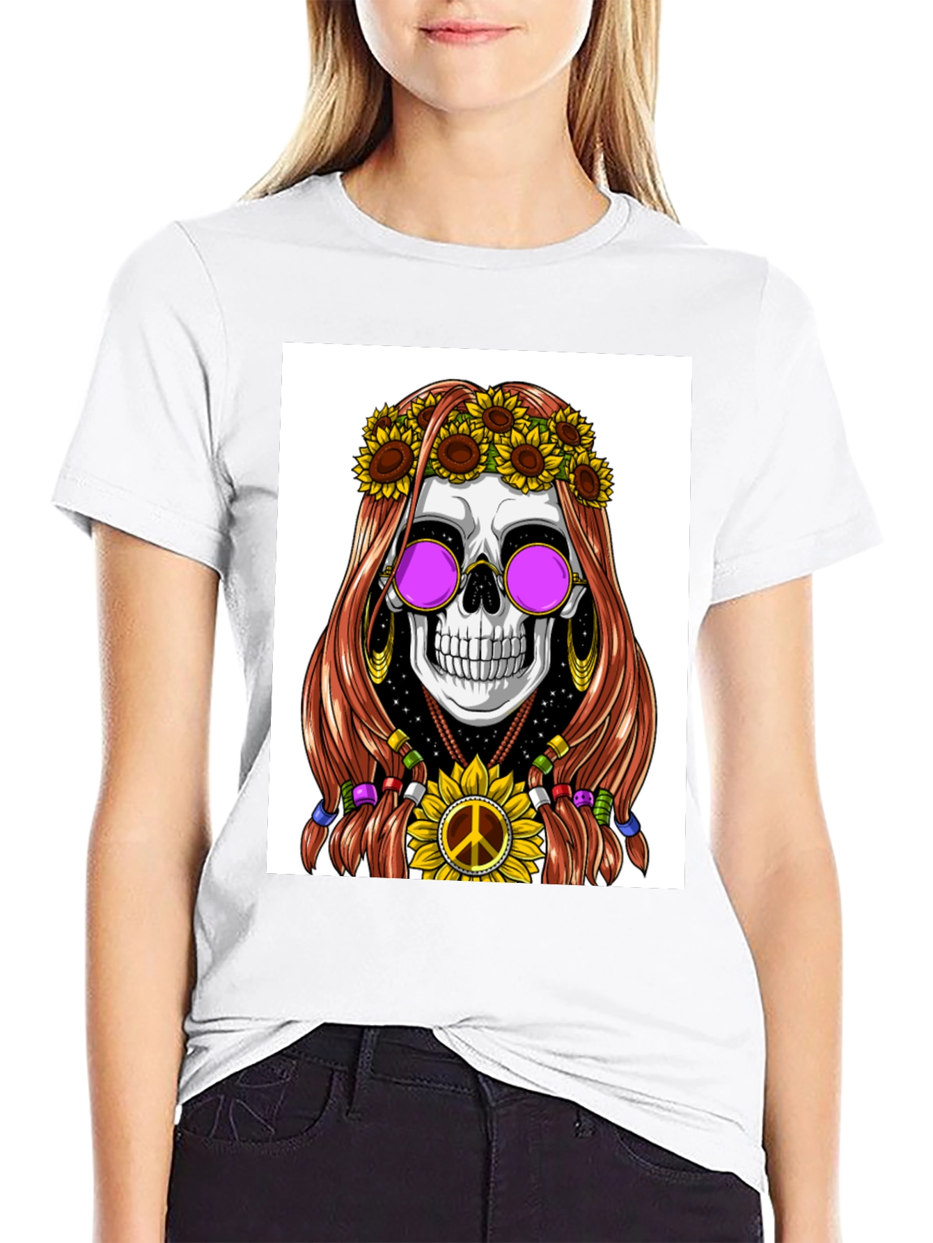 Black Hippie Skull Graphic T-Shirt view 9