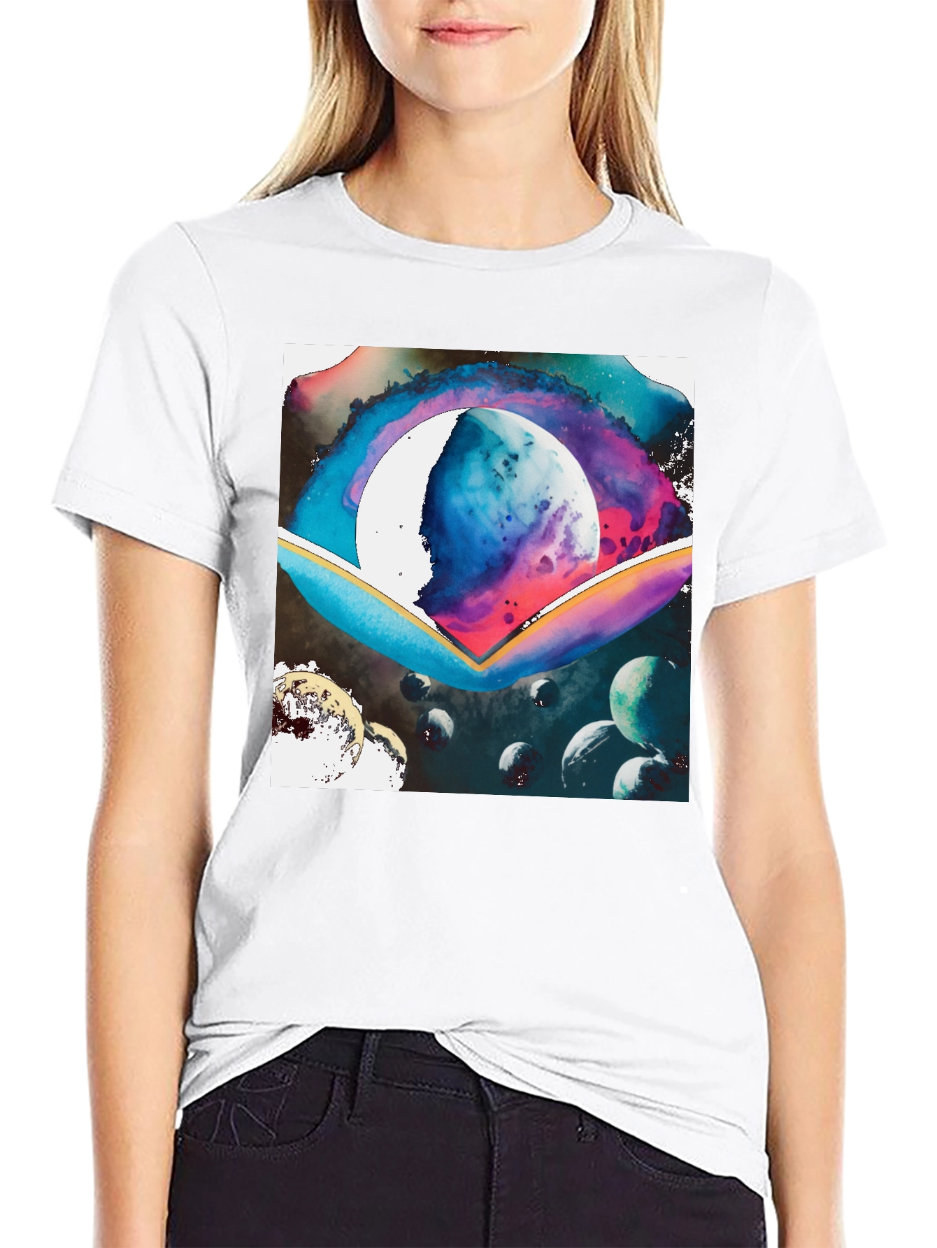 Black Galaxy Watercolor Graphic Tee - Black Cotton Blend view 9