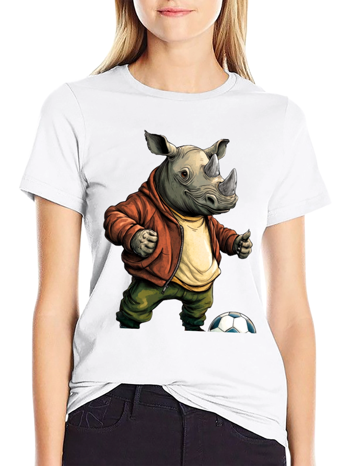 Black Rhino Soccer T-Shirt: Unique Cartoon Graphic Tee view 9
