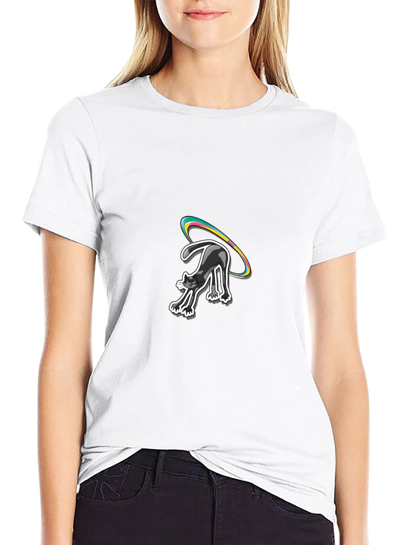 Black Black Cat T-Shirt with Rainbow Halo view 9
