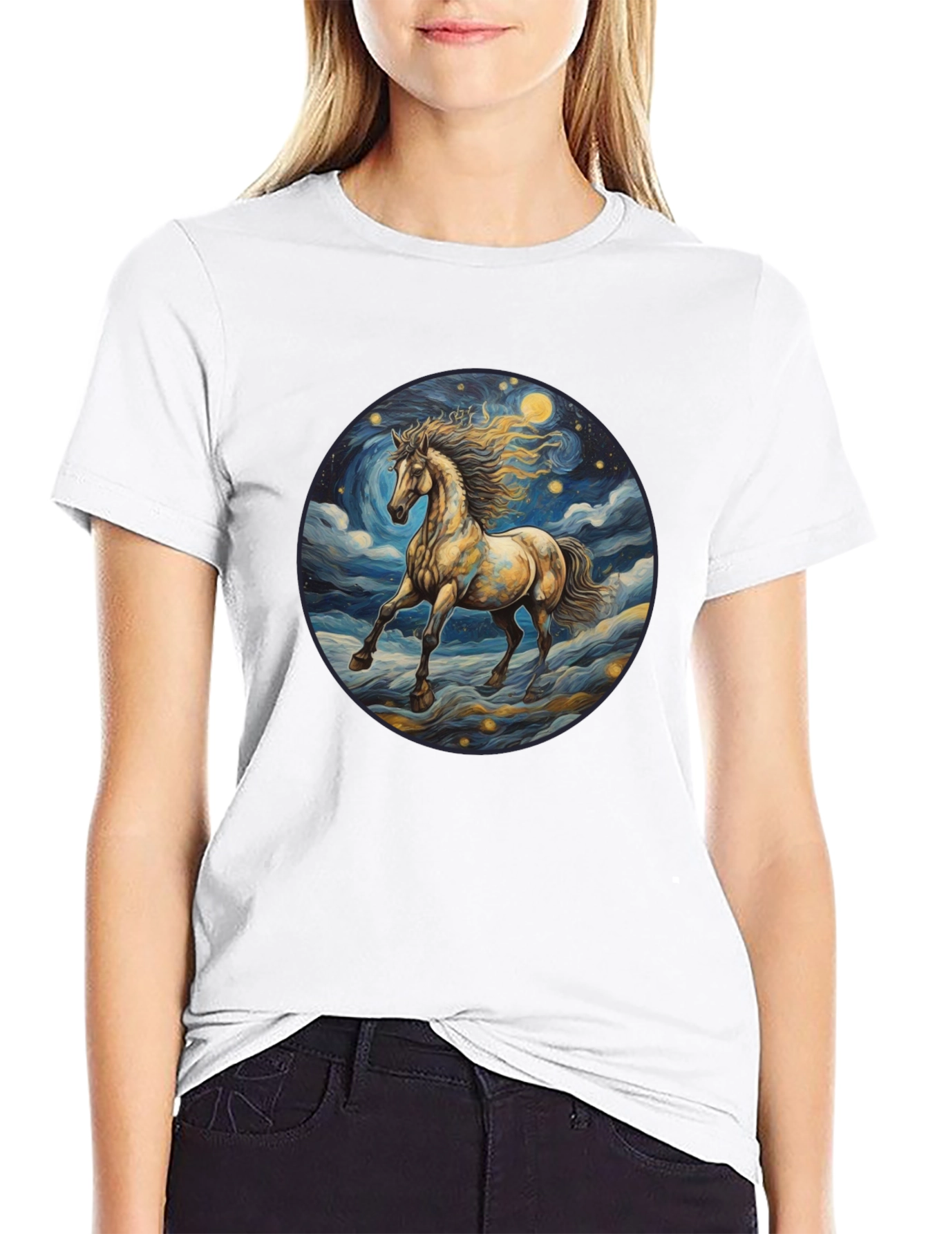 Black Starry Night Horse Graphic Tee - Black Cotton Comfort view 9