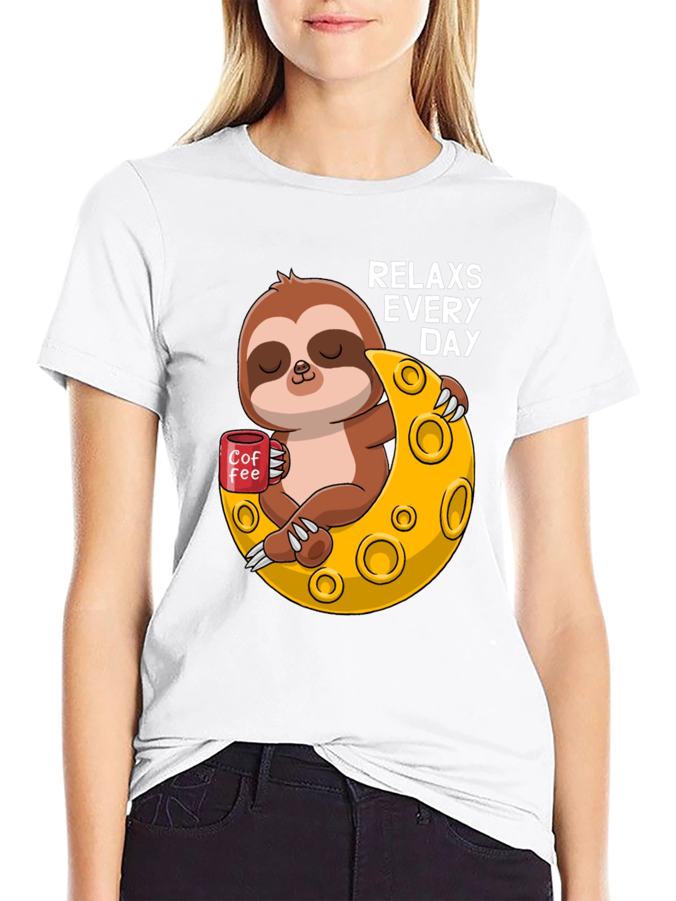 Black Relax Sloth on Moon T-Shirt view 9