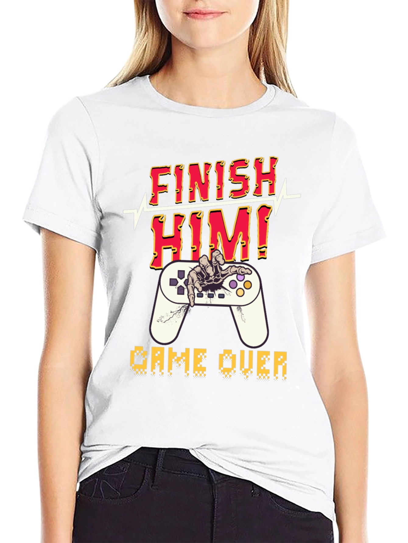 Black Finish Him! Game Over Graphic T-Shirt view 9