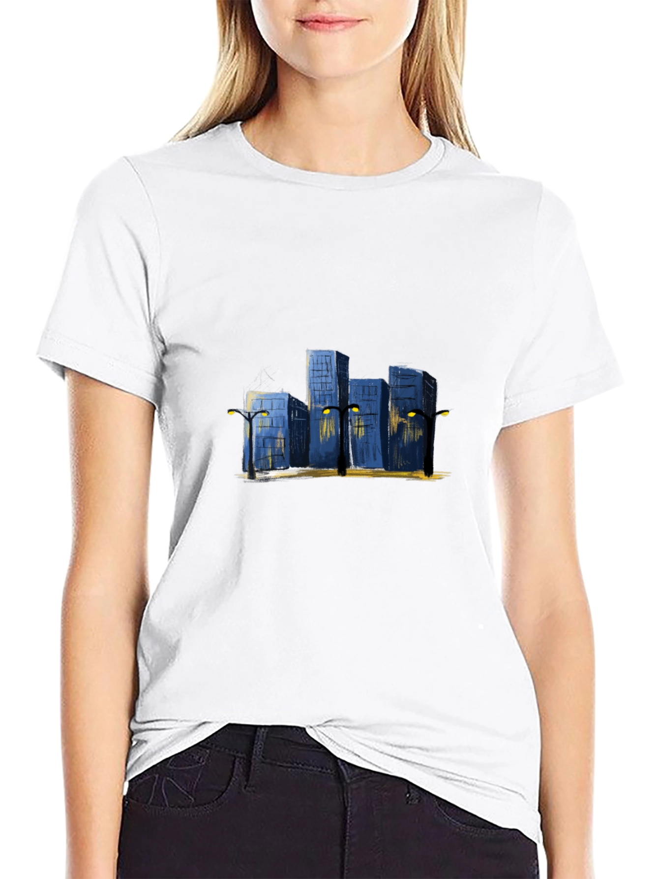 Black Cityscape Graphic Tee - Urban Night Scene view 9