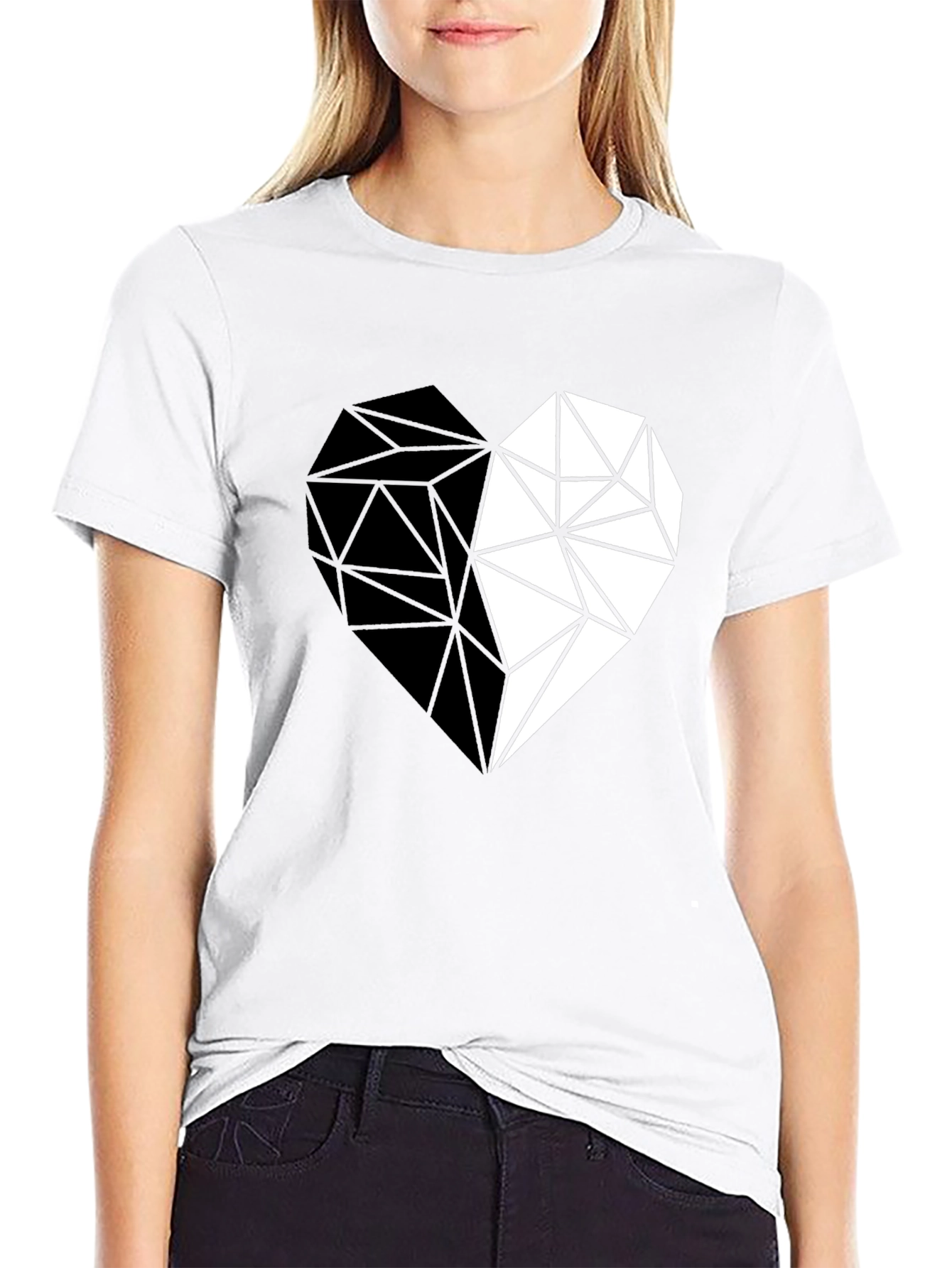 Black Geometric Heart Print Black Casual Tee view 9
