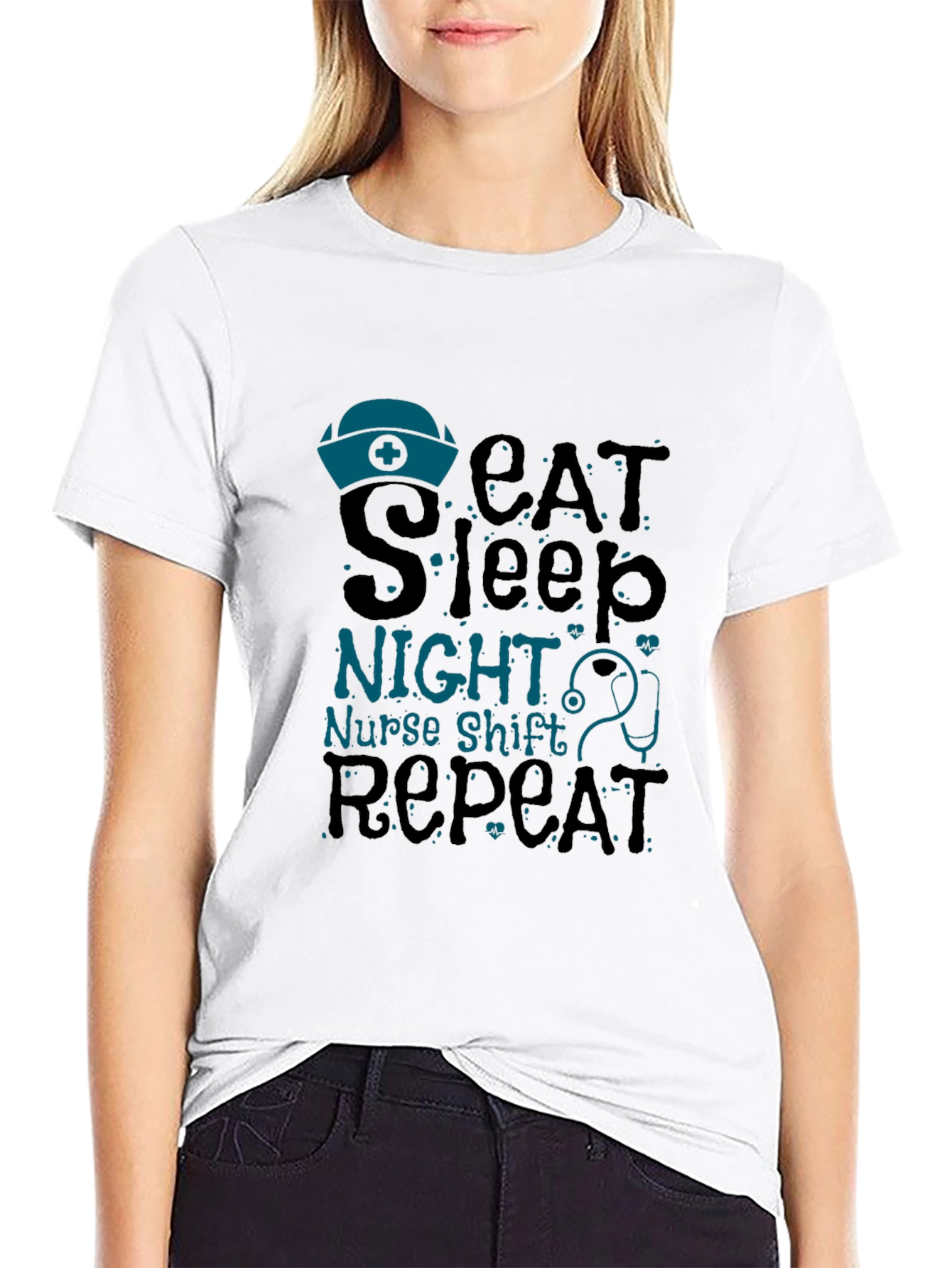 Black Nurse Night Shift T-Shirt - Eat Sleep Repeat view 9